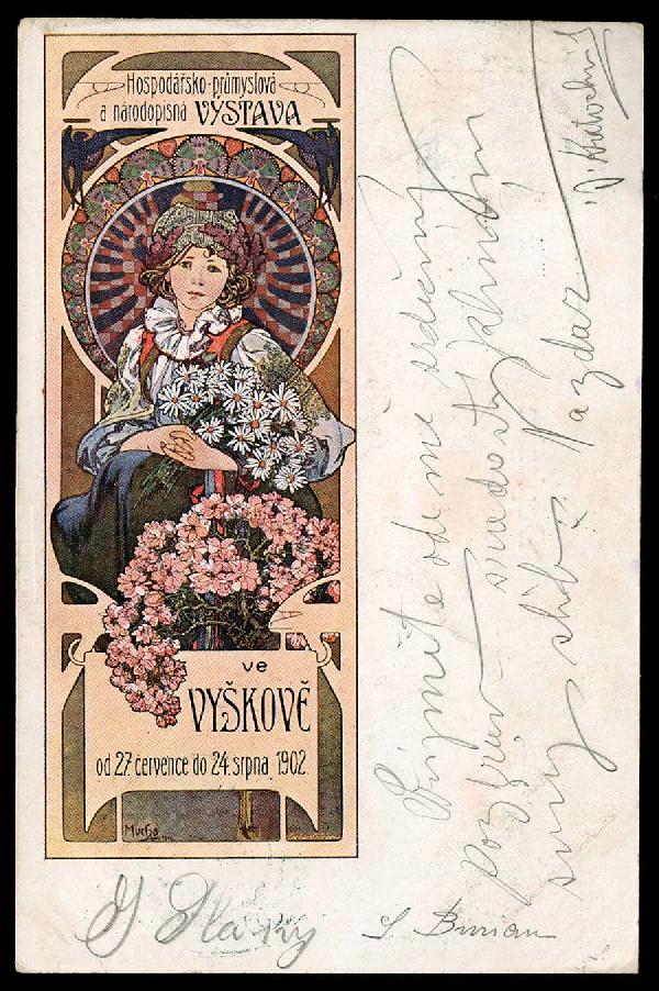Mucha : Vyskov Exhibition of Agriculture, Industry and Ethnology, 1902, poster art card. Writing on front.