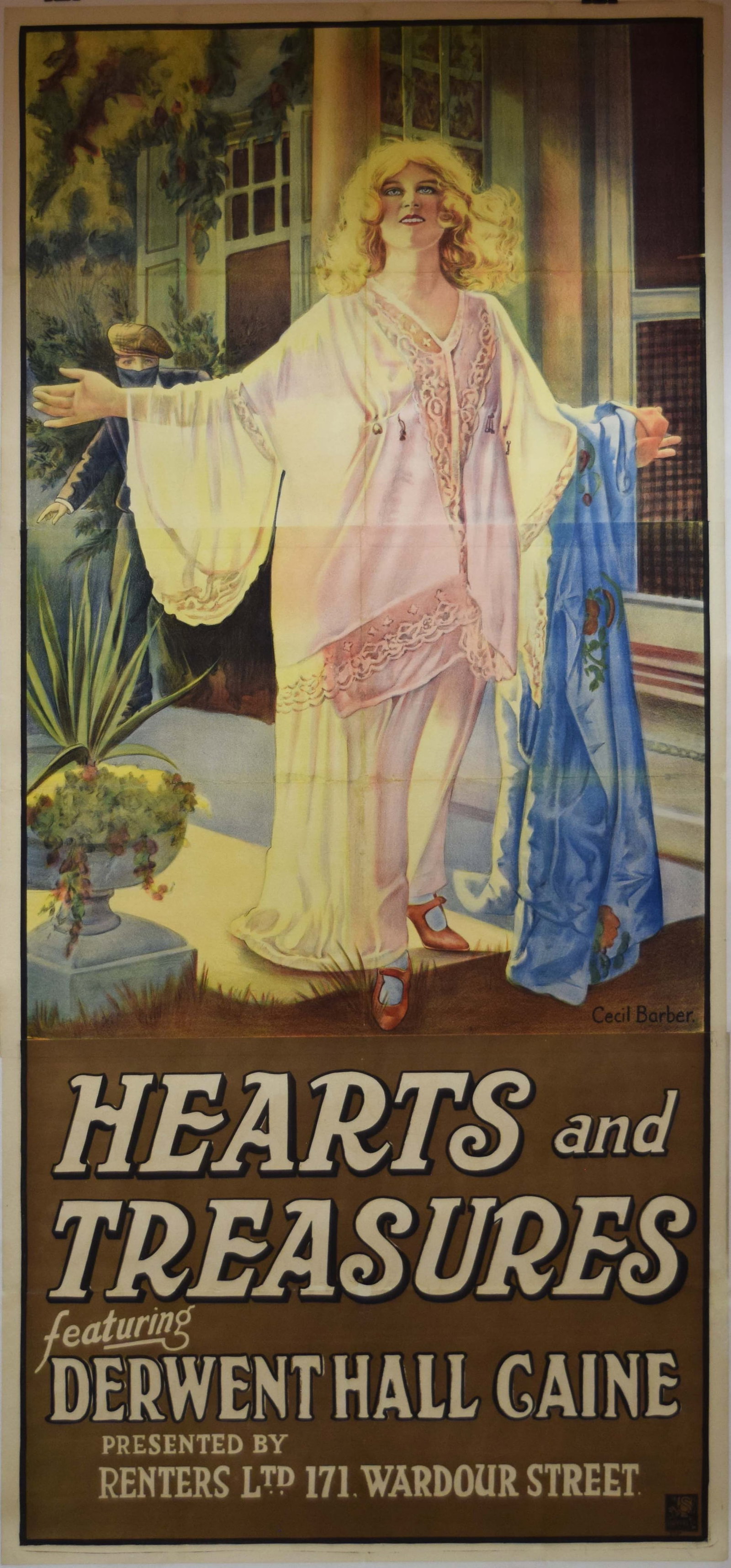 Hearts & Treasures - English Theatre New Old Stock: Poster - C. 1919-20. Renter's Limited presents an exciting five reel drama, "Hearts & Treasures", featuring Derwent Hill Caine and Cecil Barber. The story deals with a young man's invention to revolut