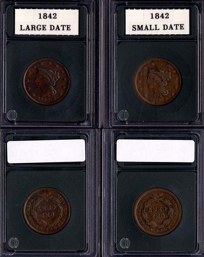 1842 Large Cents -Two (2) Pieces: This lot includes both the large date and small date varieties. The large date has fairly nice surfaces, but there is a spot of corrosion on the I in UNITED on the reverse. The small date has light wo