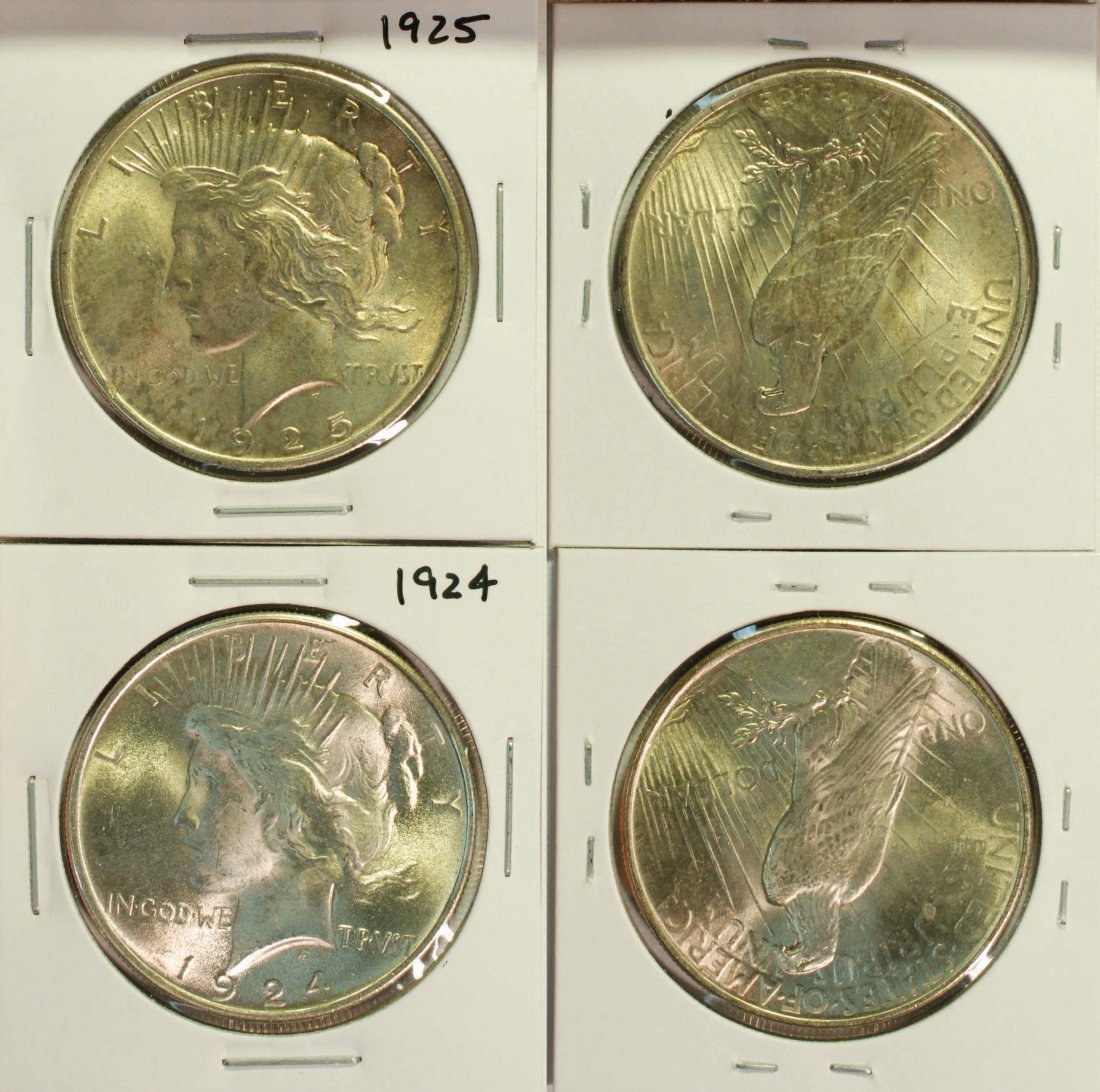 1924 and 1925 Peace Dollars Two (2) Pieces: A 2 coin lot, featuring a 1924 and a 1925 Peace Dollar. Both have good cartwheel luster, but have been cleaned in the past. The 1925 is a little duller than normal.