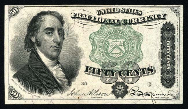 Fractional Currency: Fr. 1379 50c Fourth Issue ; Green seal, light violet fibers and blue right end. The note has decent margins but there is a tiny brown spot near the center; likely a '64'.