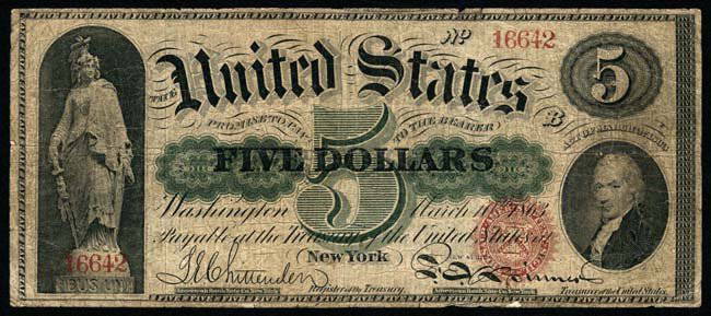 Large Size Type Notes ; Legal Tender: Fr. 63a $5 1863 ; A sharp, problem free Fine with minor edge dings associated with the grade.