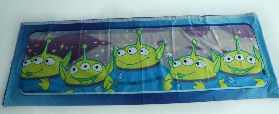 Aliens "Little Green Men" Tomorrowland Banner: Huge Fabric Banner Featuring a bunch of "Little Green Men". This Banner was used in Tomorrowland. Measures just over 13ft long by 26 1/2"