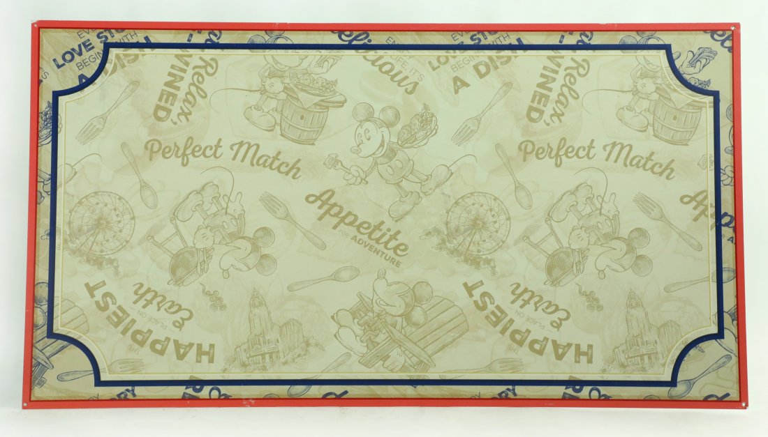 Four Food and Wine Festival California Adventure Signs: Four large Metal Signs Featuring Mickey Mouse doing some good old fashion grilling. These signs were used in California Adventure during the Food and Wine Festival. Measurements: Sign 1) 34 1/2” x 2