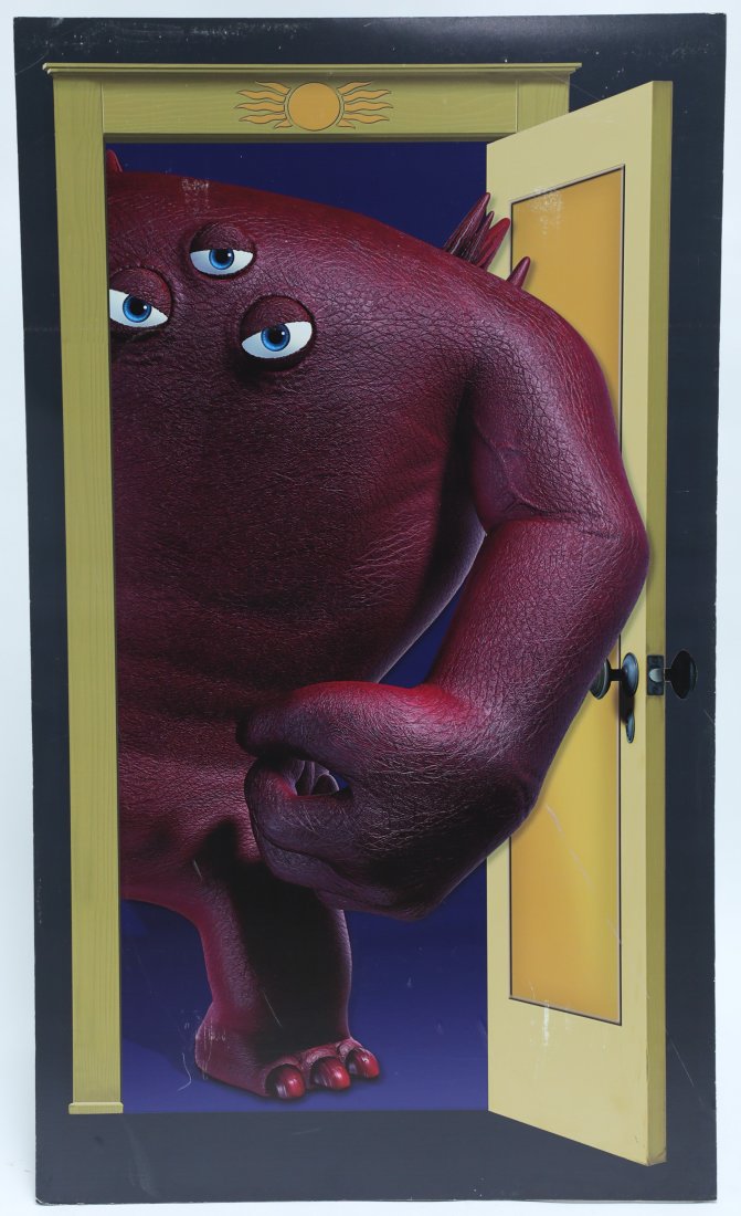 California Adventure Monsters Inc Attraction Ride Sign: Large Display Sign from the Monsters Inc. Mike & Sulley to the Rescue attraction ride. This sign Features "Joe JJ Ranft" (part of Scarers of Scare Floor F). The display is made of foamcore and plastic