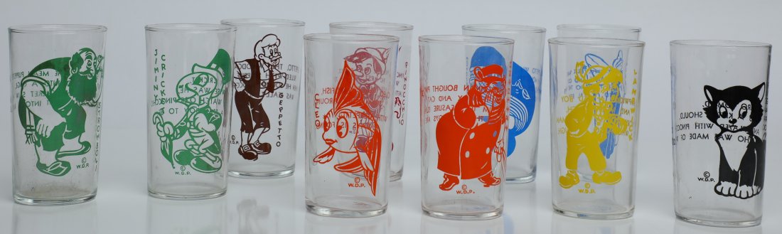 1940 Pinocchio Promotional Tumblers Glass Cups: Here's an extremely rare collection of promotional items for the release of Pinocchio, 1940. These are Tumblers released by Libbey and Disney. The glass cups are 4.25" tall and feature 10 different ch