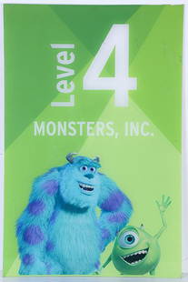 Disneyland Resort Monsters, Inc. Parking Sign: (Disneyland Resort, c. 2000's). A Disneyland Resort parking lot used prop sign featuring characters of James P. Sullivan "Sulley" and Mike Wazowski from the Disney Pixar film "Monsters, Inc.". The sig