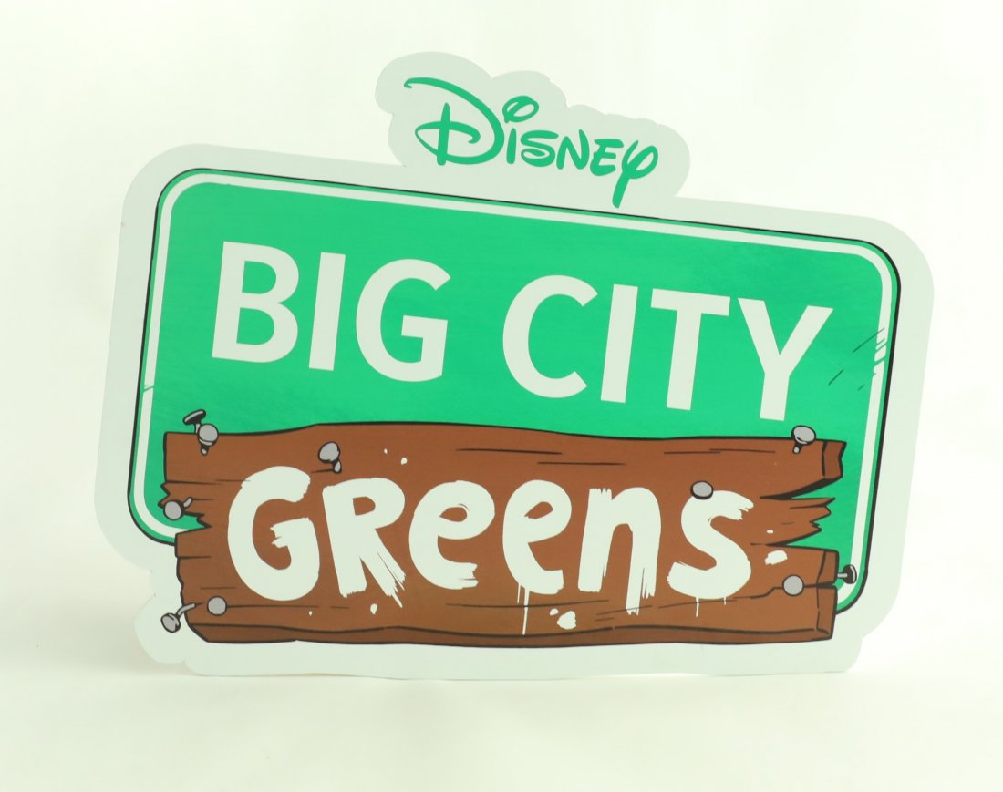 Disney DCA Big City Greens TV Series Park Sign: (Disney California Adventure, c. 2018). A park used "Big City Greens" TV series prop sign. The Disney Big City Green TV series premiered on June 18, 2018 on the Disney Channel. The sign is in good con