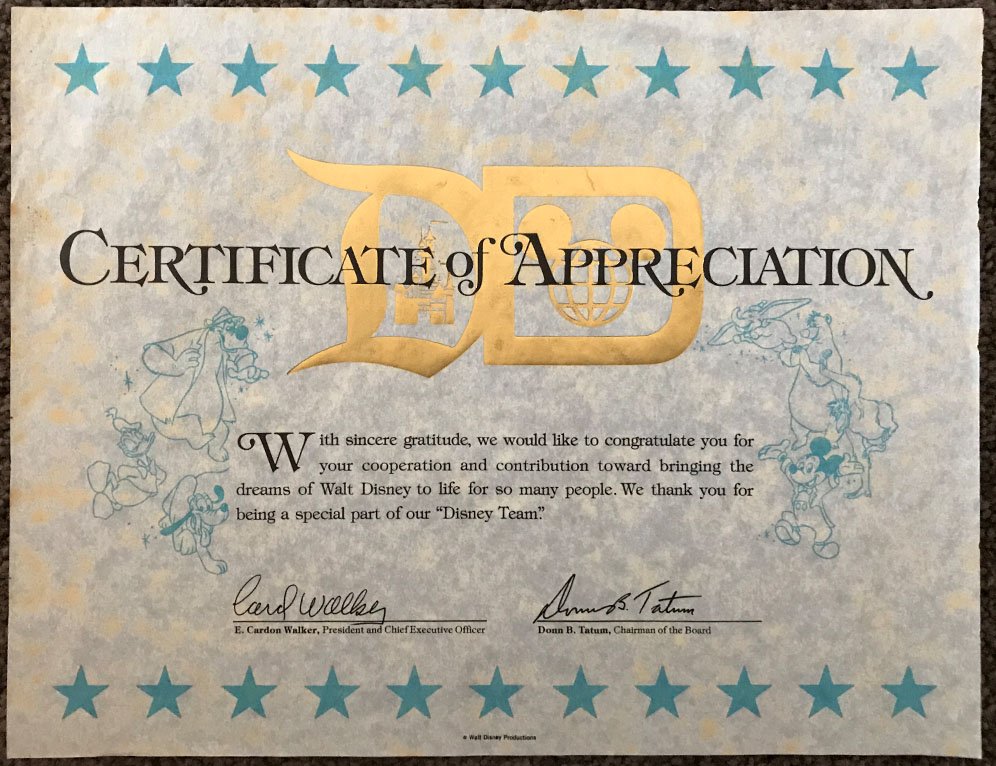 Disneyland 1970's Cast Member Certificate of Appreciati (1 of 3)