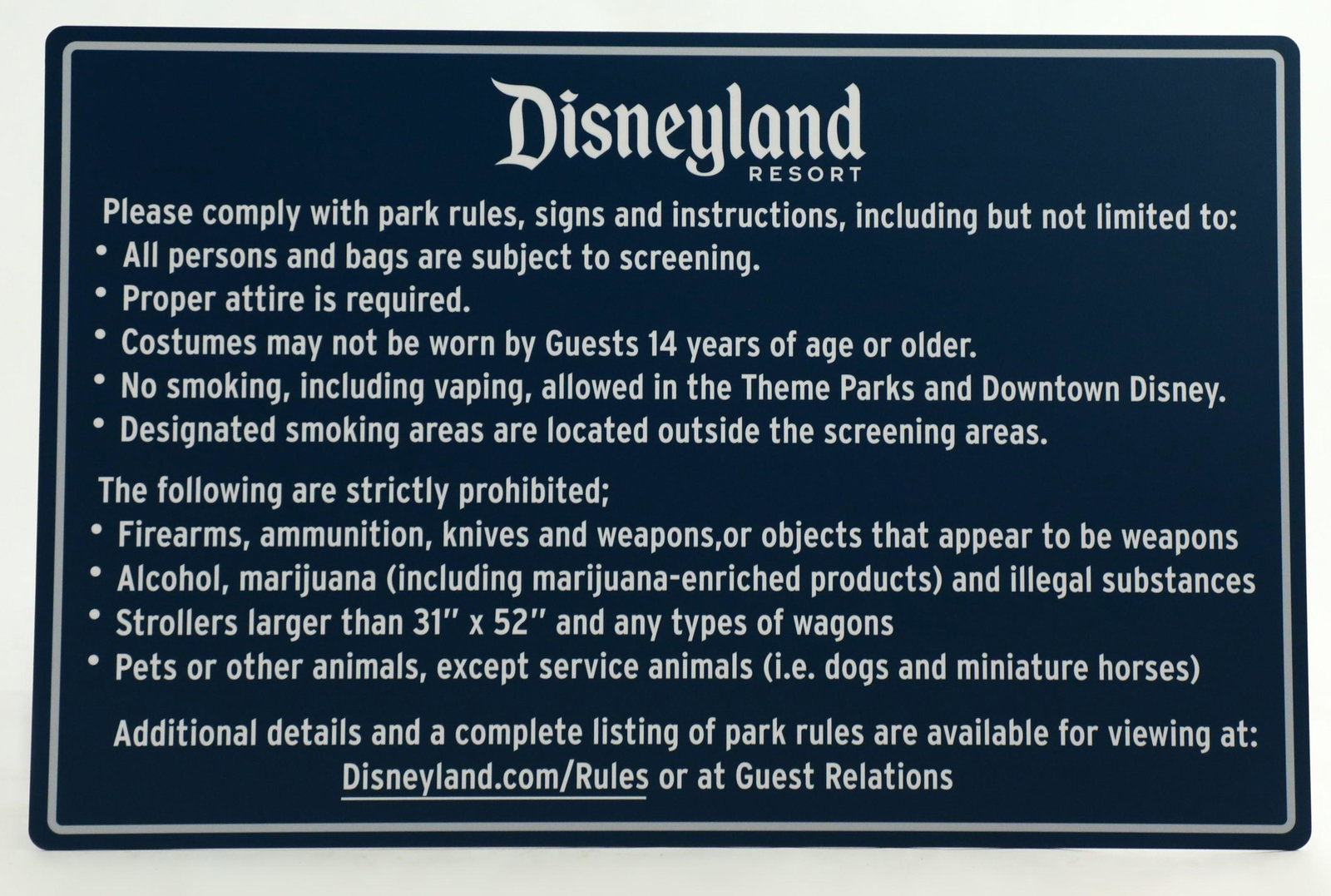 Disneyland Resort Park Rules Sign: (Disneyland, c. 2000's). A park used prop sign for the Disneyland Resort for rules of the park. The sign is in good condition with normal wear from age and park use and because it has important safety