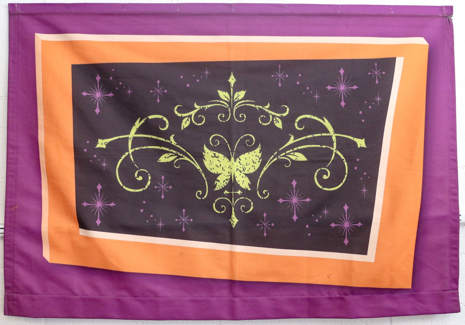 Mickey's Not So Scary Halloween Party Fabric Banner: (Disneyland, c. 2000s) Fromm Mickey's Not So Scary Halloween Party here is a fabric banner that decorated one of the Candy distribution stations. Measures Approximately 42" x 29"