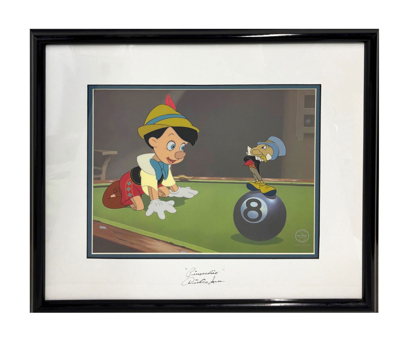 Pinocchio "Behind the Eight Ball" Sericel Signed by Voice Actor Dickie Jones. (1 of 2)