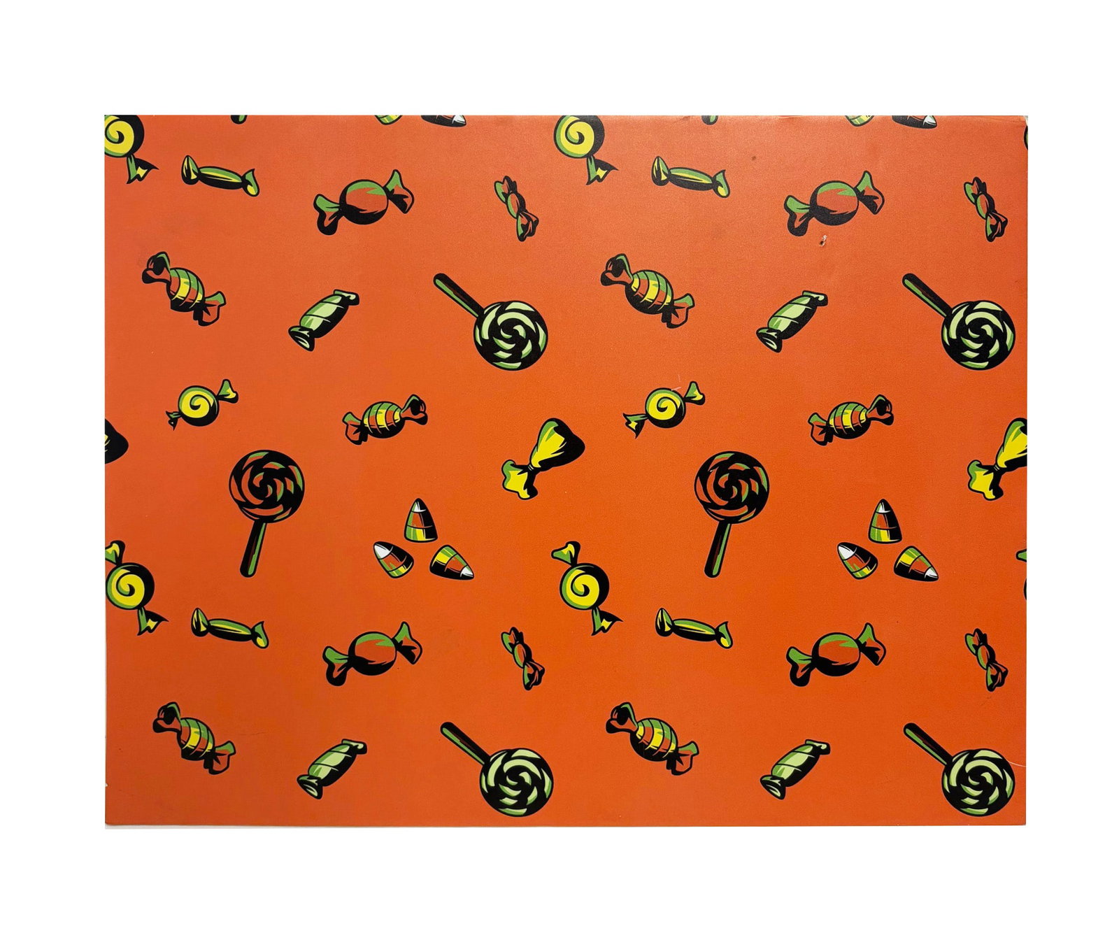 Disneyland Resort Halloween Candy Decoration Panel.: (Disneyland, c. 2020s) This is a decorative panel used during Disneyland's popular Halloween Time celebrations. The vibrant orange background with stylized Halloween treats throughout made for a terri