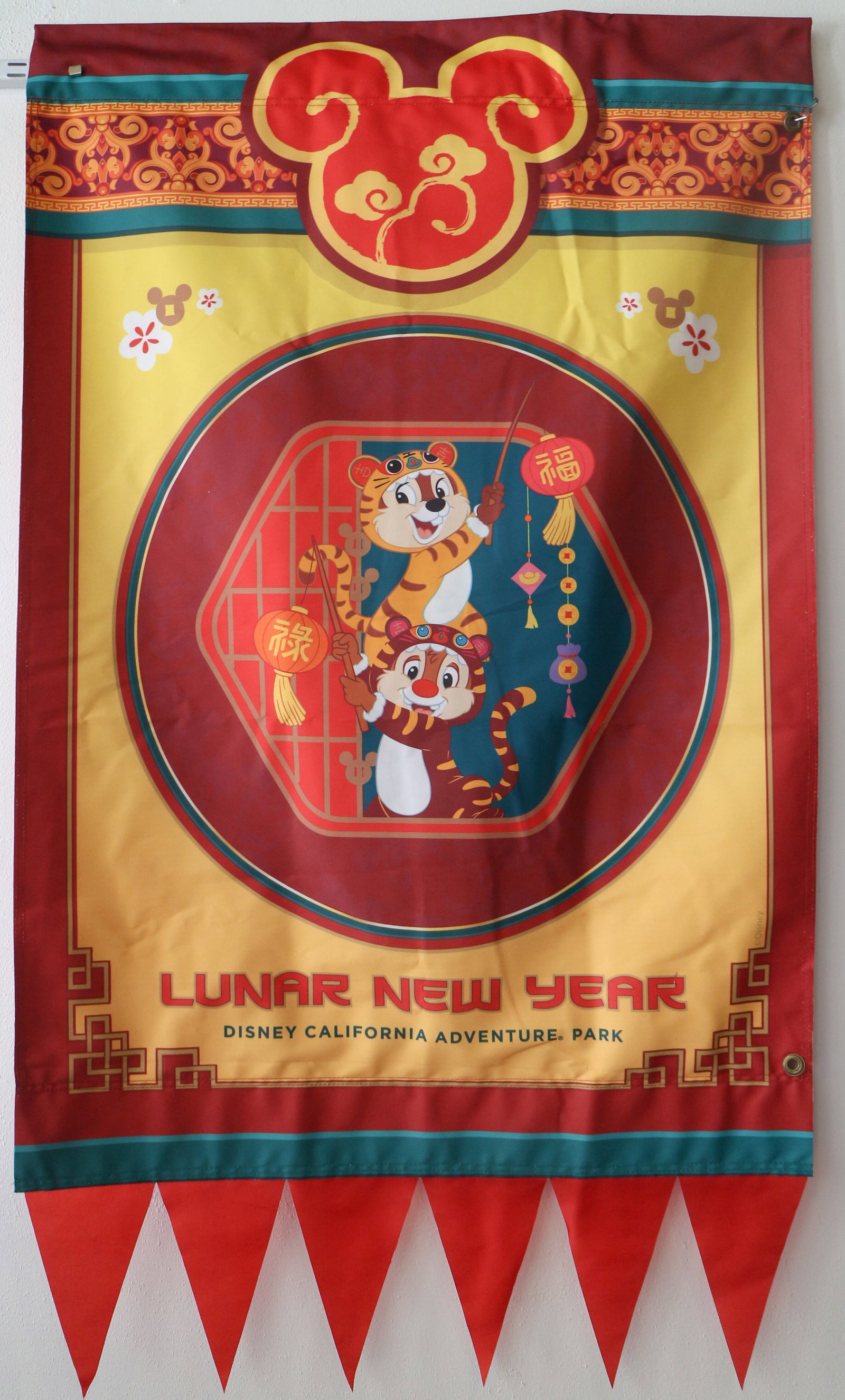 California Adventure Lunar New Year Chip n Dale Lamppost Banner.: (California Adventure, 2022) Celebrating the celestial journey of the sun and the moon, the Lunar New Year events and celebrations are a fan-favorite tradition at California Adventure. This is an orig