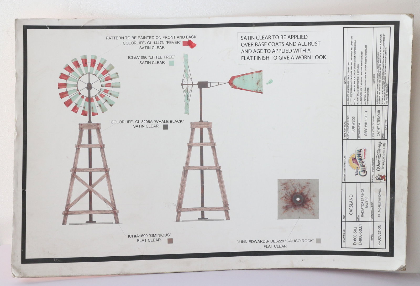Radiator Springs Racers "Fillmore's Windmill" Imagineering Blueprint.: (California Adventure, 2011) This is a rare Walt Disney Imagineering production blueprint used during the construction of CarsLand's guest-favorite attraction, Radiator Springs Racers. Dated for April