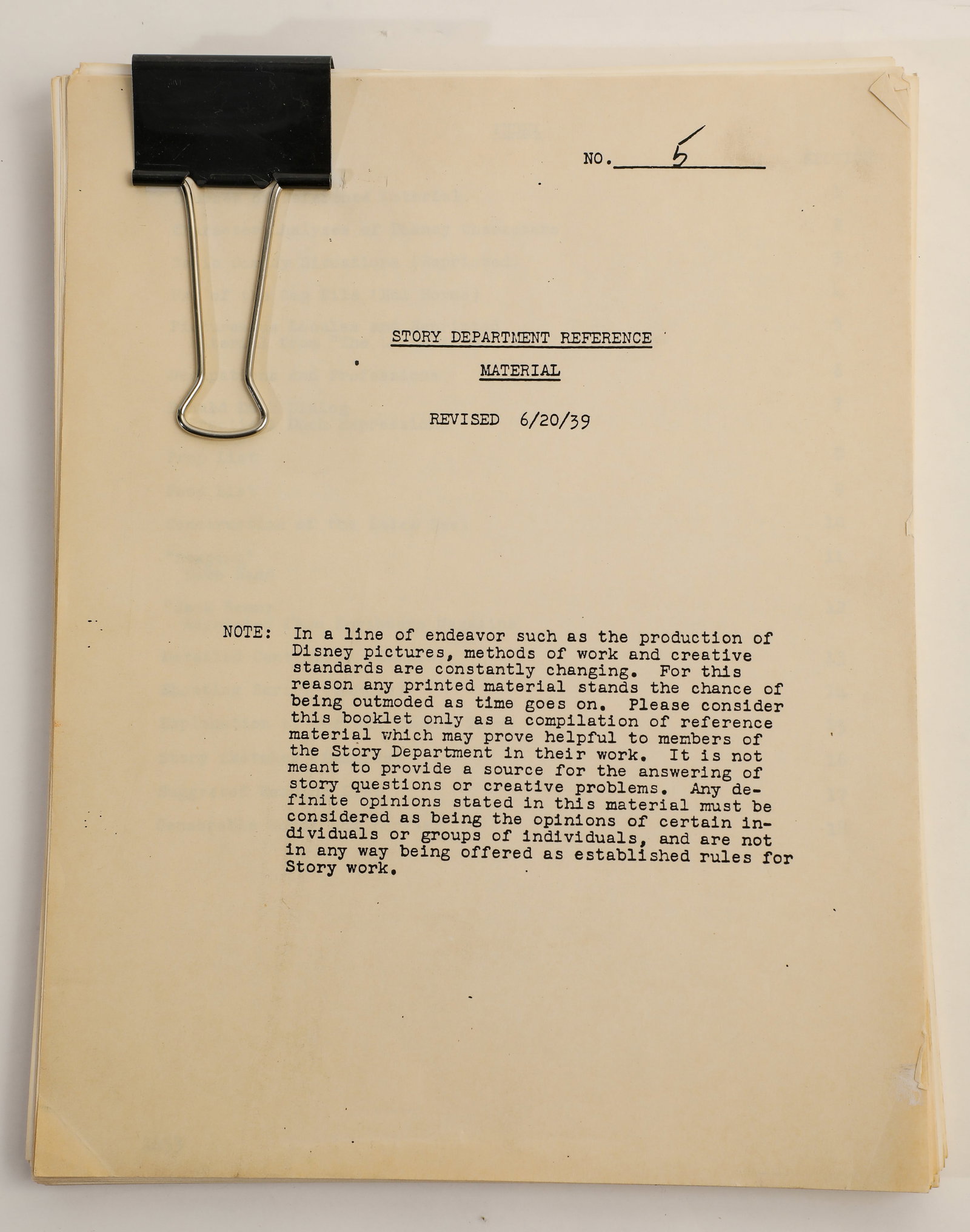 Walt Disney Story Department Reference Material Booklet. (1 of 7)