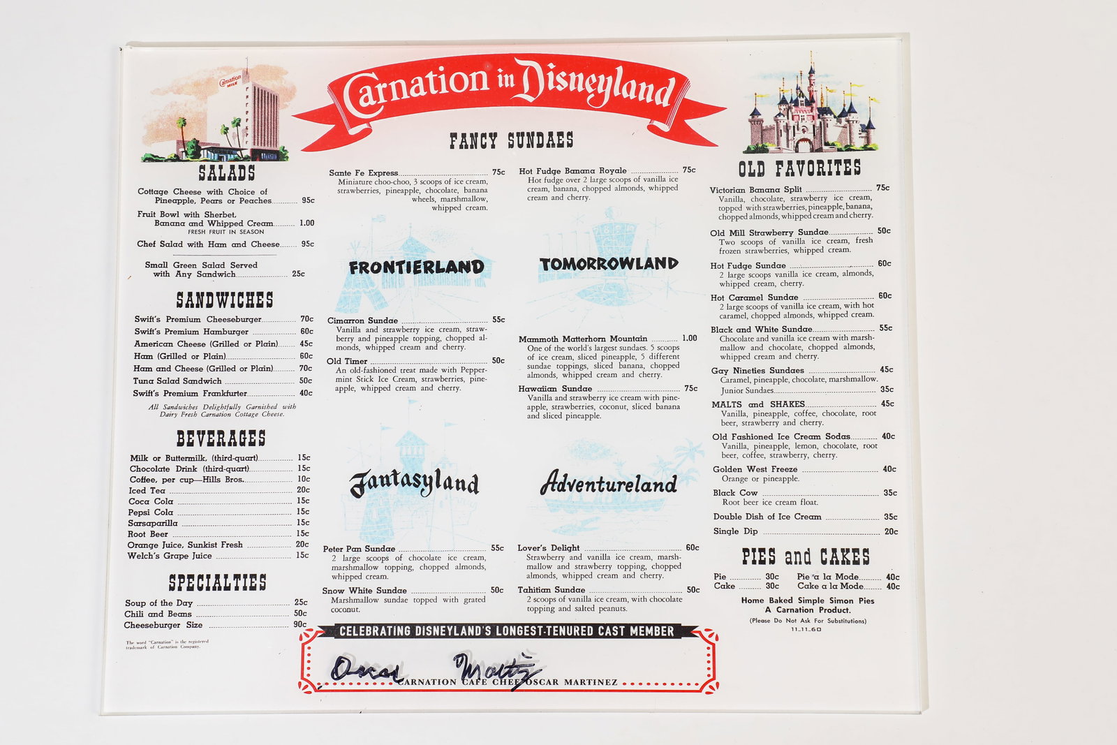 Chef Oscar Martinez Signed Carnation Cafe Replica Menu. (1 of 2)