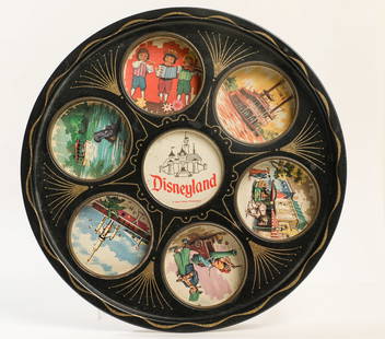 Disneyland Attractions Vintage Metal Drink Tray.: (Disneyland, c. 1960s - 70s) This is a wonderfully illustrated metal drink serving tray featuring a variety of Disneyland's earliest attractions. Depicted throughout are Pirates of the Caribbean, the