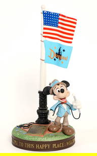 Mickey Mouse Disneyland Flagpole Limited Edition Statue with Pins.: (Disneyland, 2010) This is a limited edition hand-painted resin statue depicting Mickey Mouse as a member of the press reporting from Disneyland's Opening Day events on July 17, 1955. The statue comes
