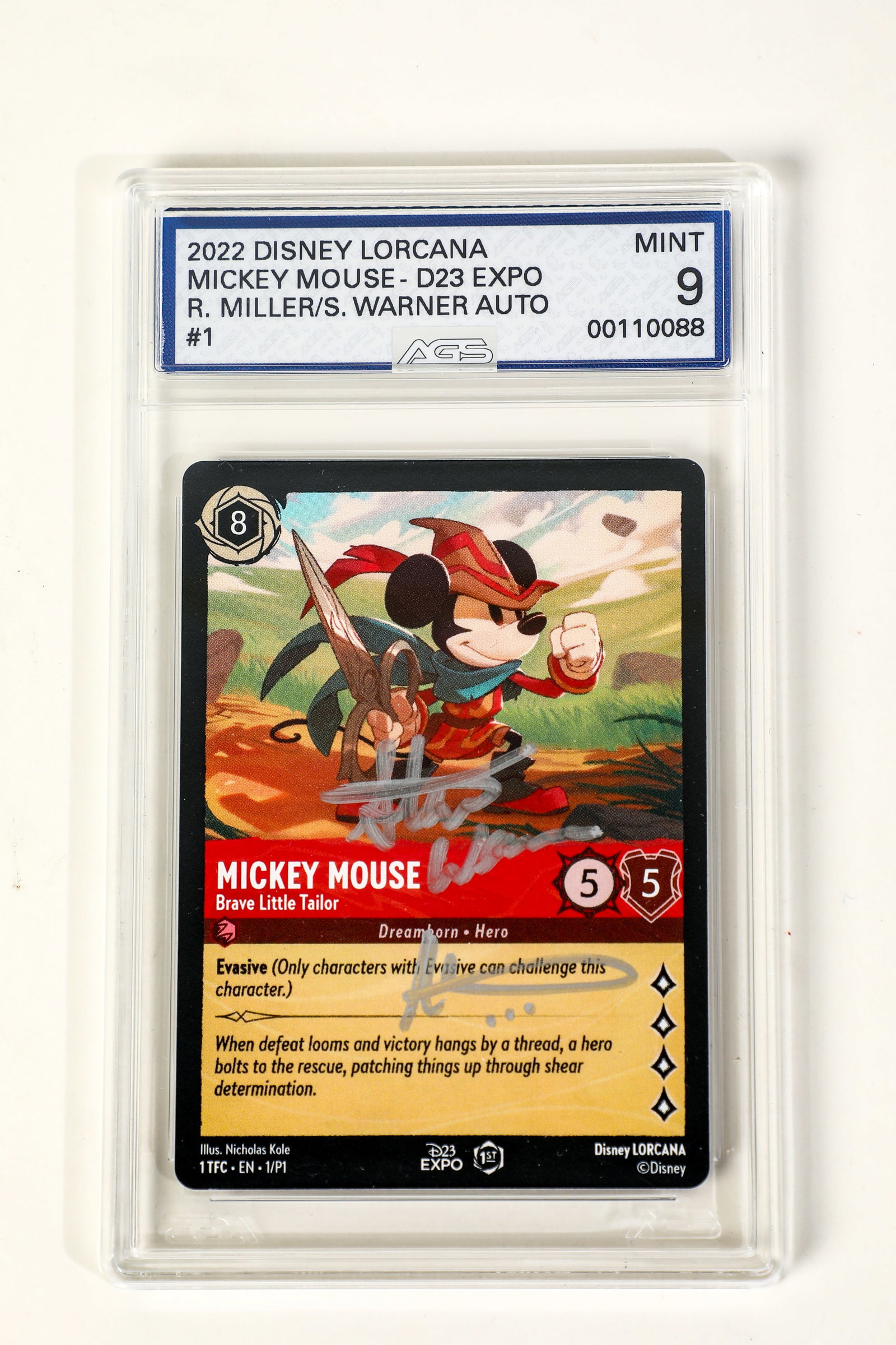 Lorcana D23 Exclusive Promo Brave Little Tailor Mickey Mouse Card AGS Mint 9 Signed on Card by Game (1 of 2)