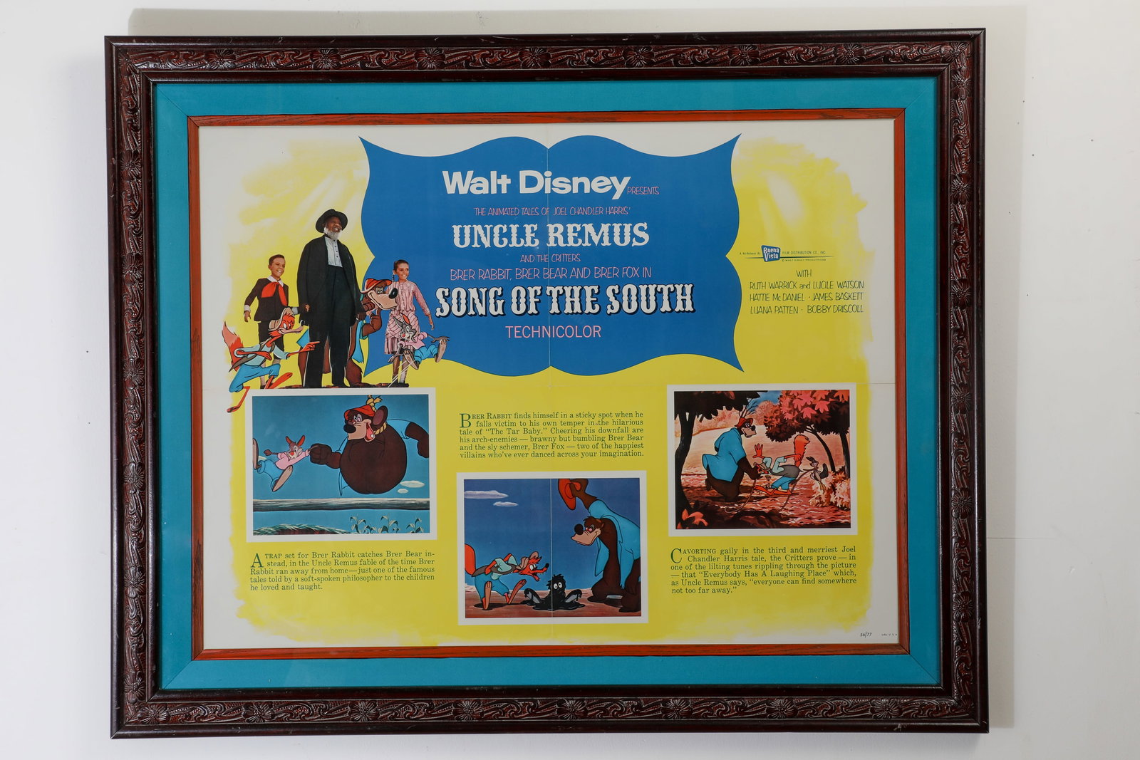 Song of the South Framed Poster.: (Disney, 1956) This is a very rare half-sheet from the iconic live-action and animated Walt Disney feature film, Song of the South, This half-sheet sized poster is from the 1956 theatrical re-release