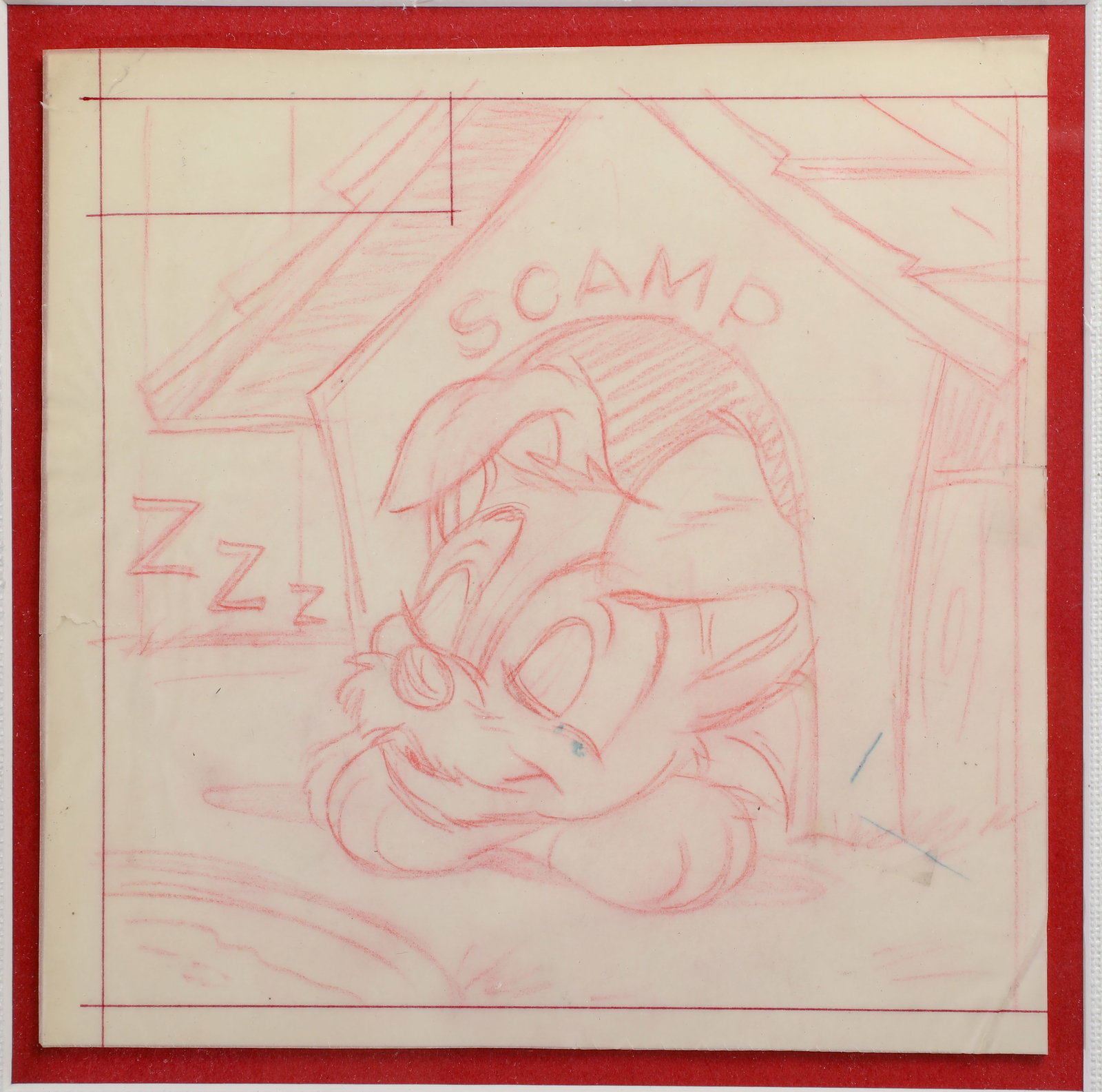 Lady and the Tramp Scamp Book Art Drawing.: (Disney, c. 1960s - 70s) This is a lovely drawing of the character Scamp, the son of Lady and Tramp. This original book art illustration features Scamp sleeping in his dog house, and is accomplished i