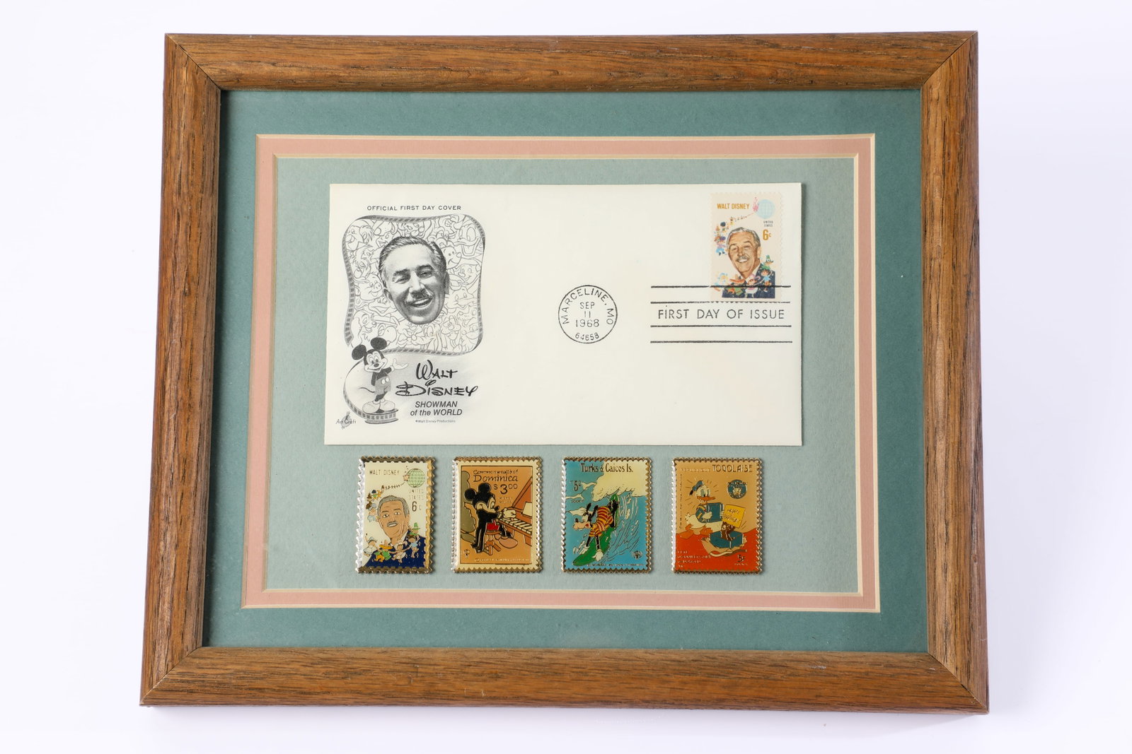 Walt Disney “Showman of the World” First Day Cover U.S. Postage Stamp & Pin Set (1968): The Walt Disney “Showman of the World” Original Commemorative U.S. Postage Stamp First Day Cover is enhanced with a cachet printed illustration referencing the release, has been postmarked Sep