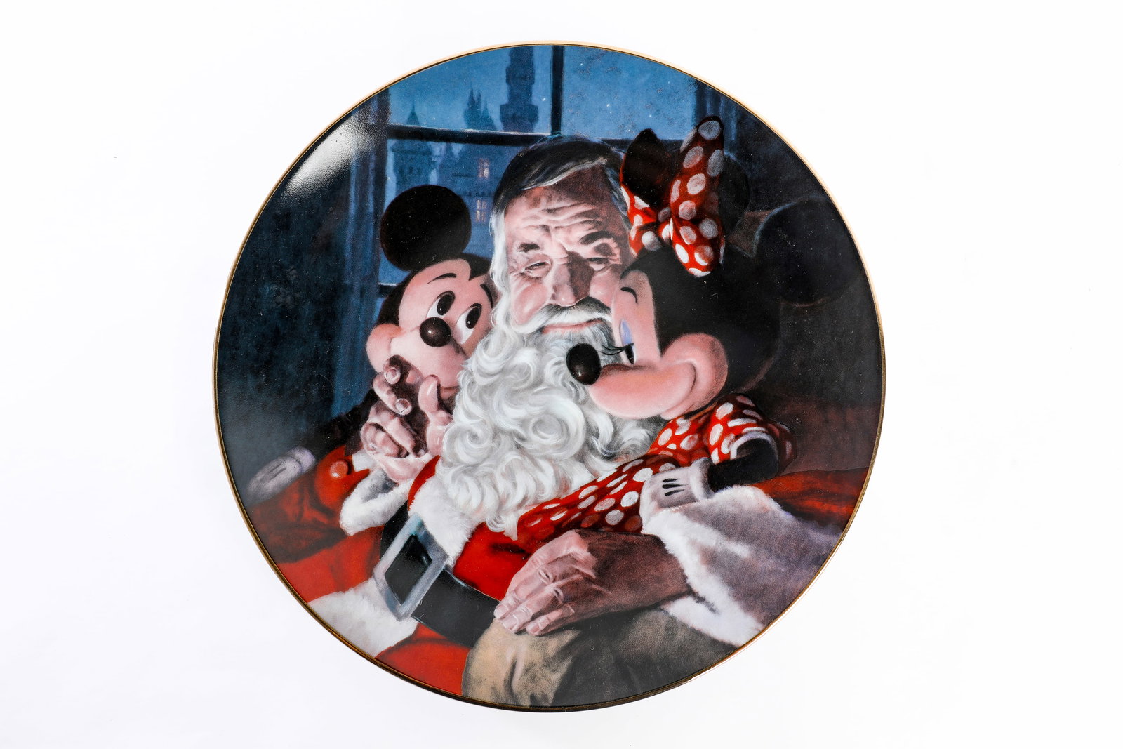 Disneyland - “Mickey Mouse and Minnie Mouse with Santa” LE Plate by Charles Boyer (1989).: “‘Twas the night before Christmas, when all through the house, not a creature was stirring, not even a mouse”, in “Mickey Mouse and Minnie Mouse with Santa”, a collectible plate by C