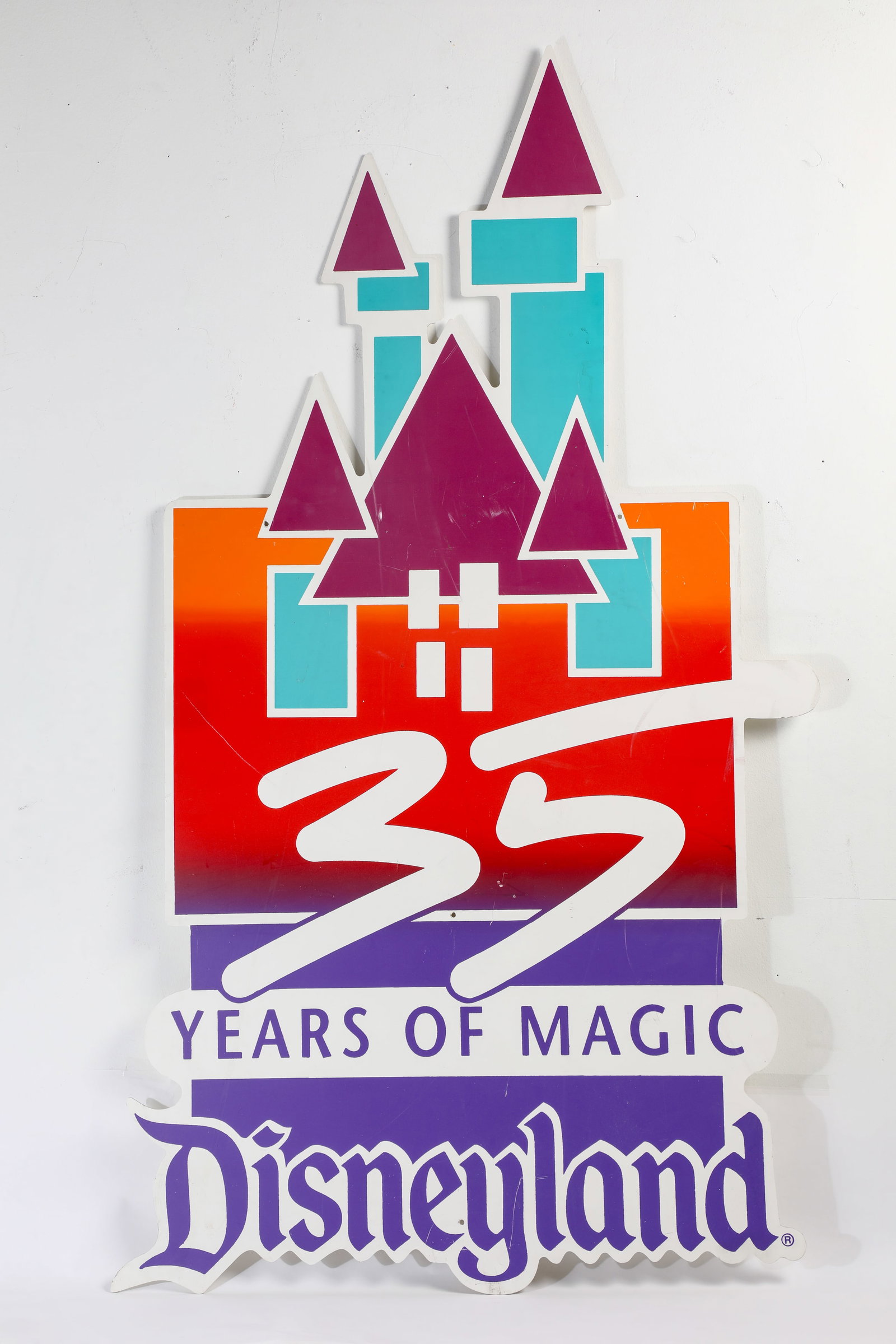 Disneyland - “35-Years of Magic” Park-Displayed Sign Plaque (Walt Disney, 1990).: In celebration of "35-Years of Magic", magnificent sign plaques featuring the iconic Sleeping Beauty Castle promoted the Park's birthday festivities at Disneyland Park! This style of decoration was af