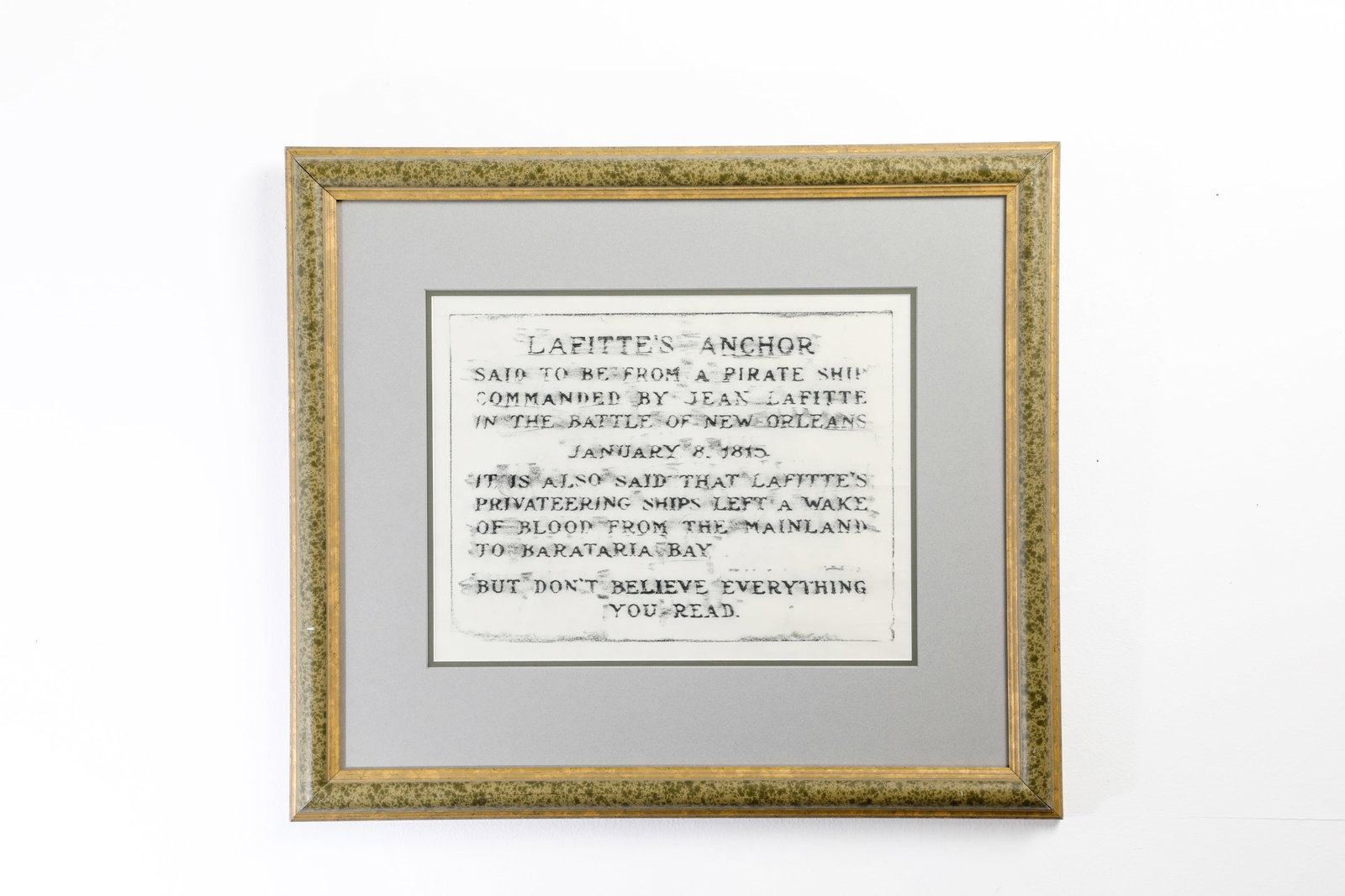 Disneyland - Lafitte’s Anchor Plaque Rubbing Framed (1955).: “Don’t believe everything you read.” This rubbing preserves the fantastic story of Lafitte’s Anchor in Frontierland at Disneyland Park! Since June of 1955, Lafitte’s Anchor (an alleged a