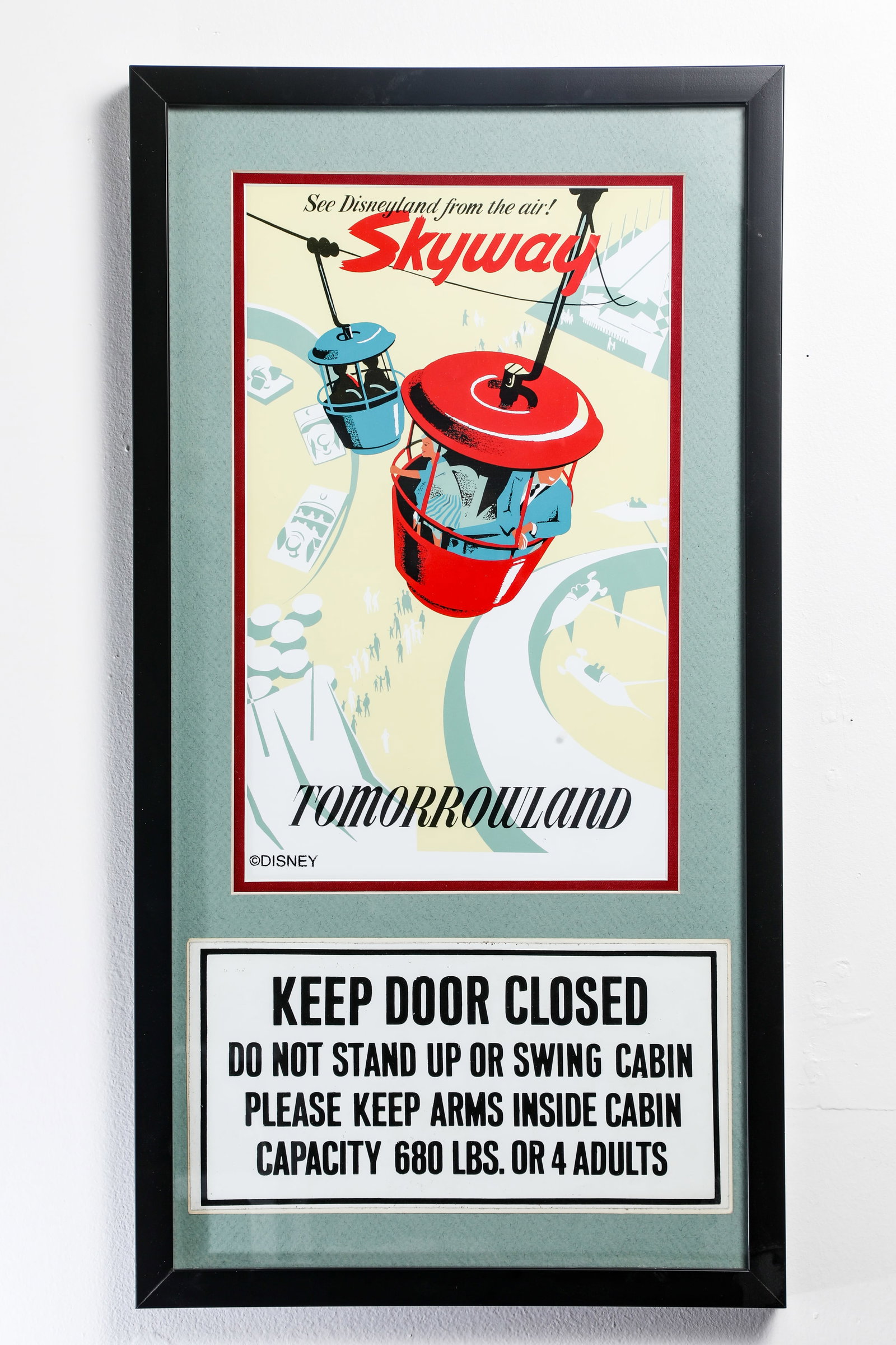 Disneyland Skyway Cabin Safety Sign Decal (1965-1980s): Guests may recall seeing this safety sign while enjoying memorable aerial rides over Fantasyland and Tomorrowland at Disneyland! During the Disneyland Tencennial (of 1965), the original 42 two-passeng
