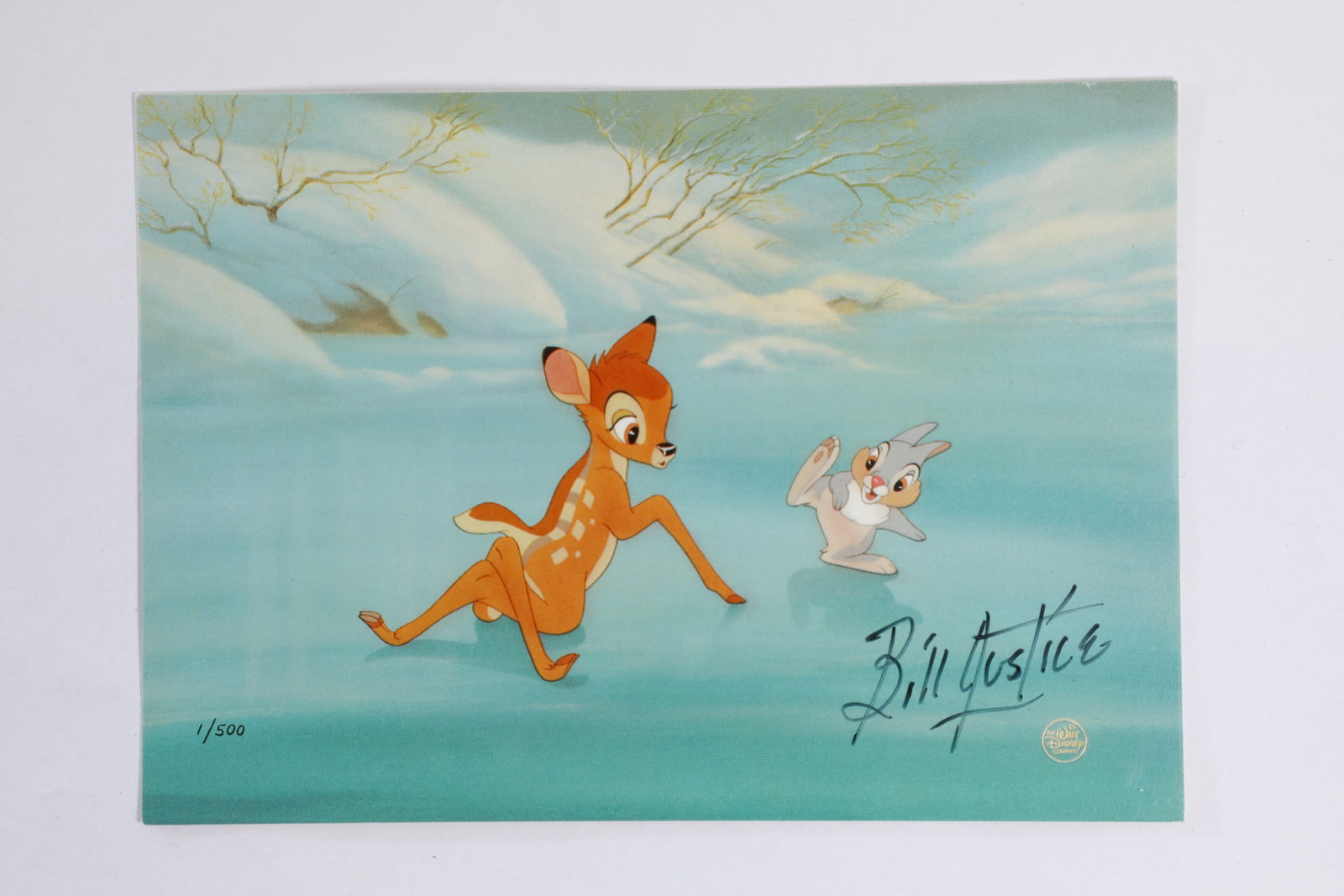 Bambi and Thumper “Kinda Wobbly” Postcard Signed by Bill Justice (Disney, 1994).: “Winter has come” and the Great Prince of the Forest and his friend explore a frozen pond on this postcard signed by Walt Disney Studio Animator Bill Justice! Artist Bill Justice (1914–2011)