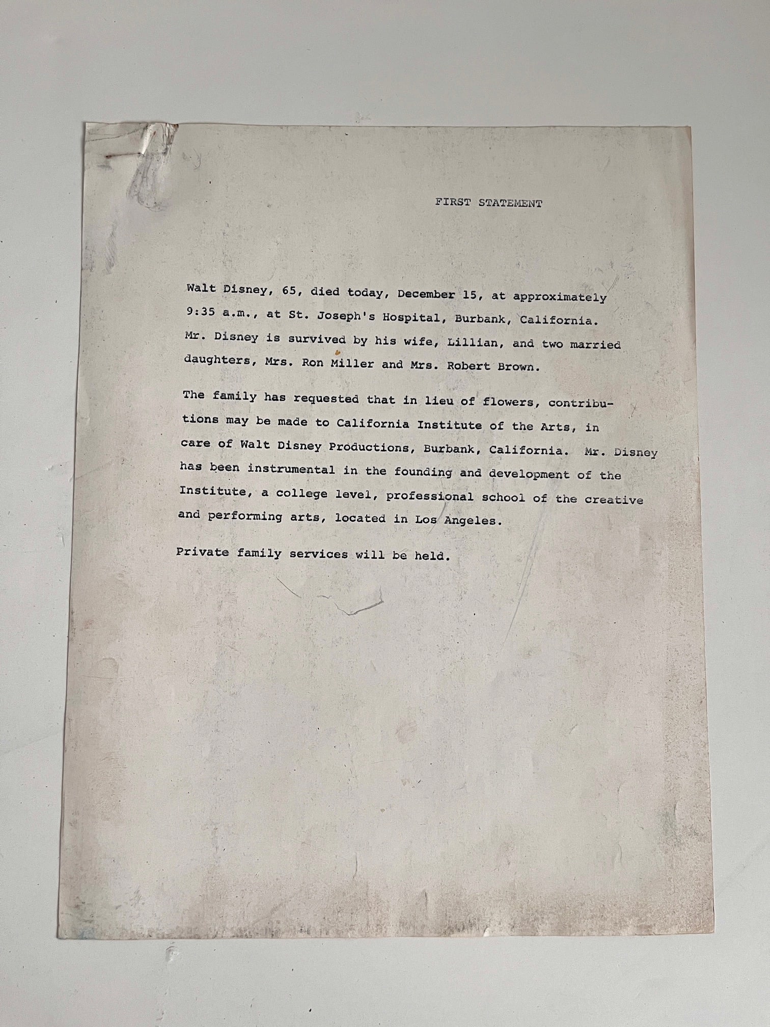 Collection of Original Death of Walt Disney Documents (1967) (1 of 3)