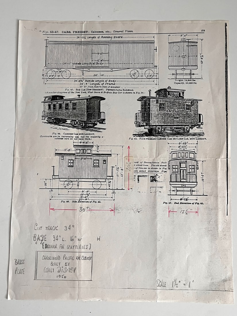 Walt Disney’s Carolwood Railroad Caboose Plans (Walt Disney, c.1950). (1 of 4)