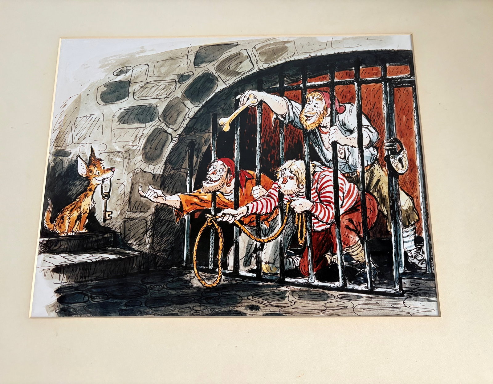 Marc Davis Personally-Owned Pirates of the Caribbean Disney Gallery "Jail Scene" Print.: (Disneyland, c. 1990s) This is a very rare large print featuring one of Marc Davis' most memorable scenes, the iconic "Jail Scene" from Pirates of the Caribbean. This print of Marc's concept artwork w