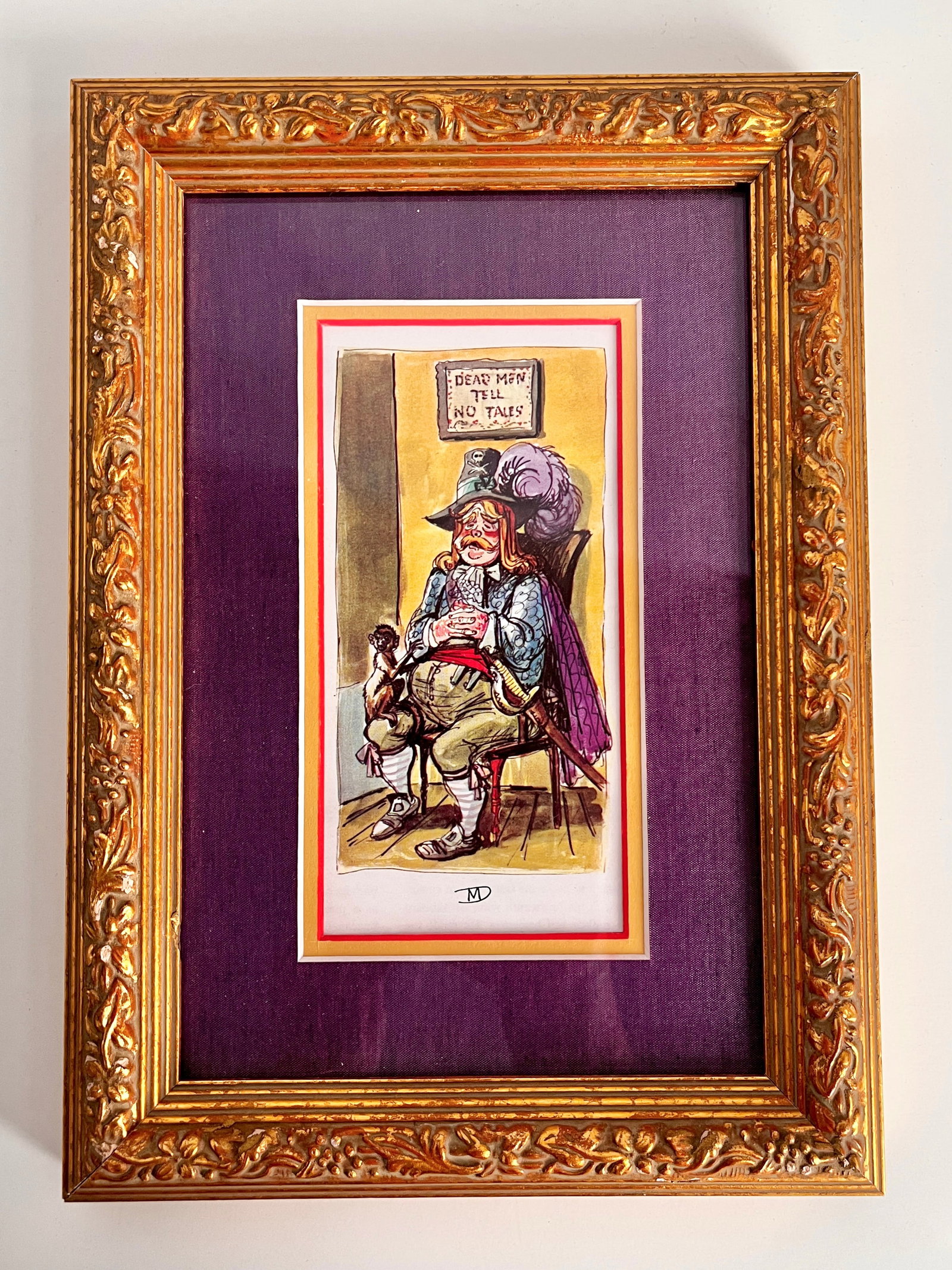 Marc Davis Personally-Owned and Signed Pirates of the Caribbean "Pooped Pirate" Print.: (Disneyland, 1968) This is a vintage print of Marc Davis’ iconic concept art for Disneyland's Pirates of the Caribbean attraction. This concept design was one of Marc's earliest Pirates of the Carib