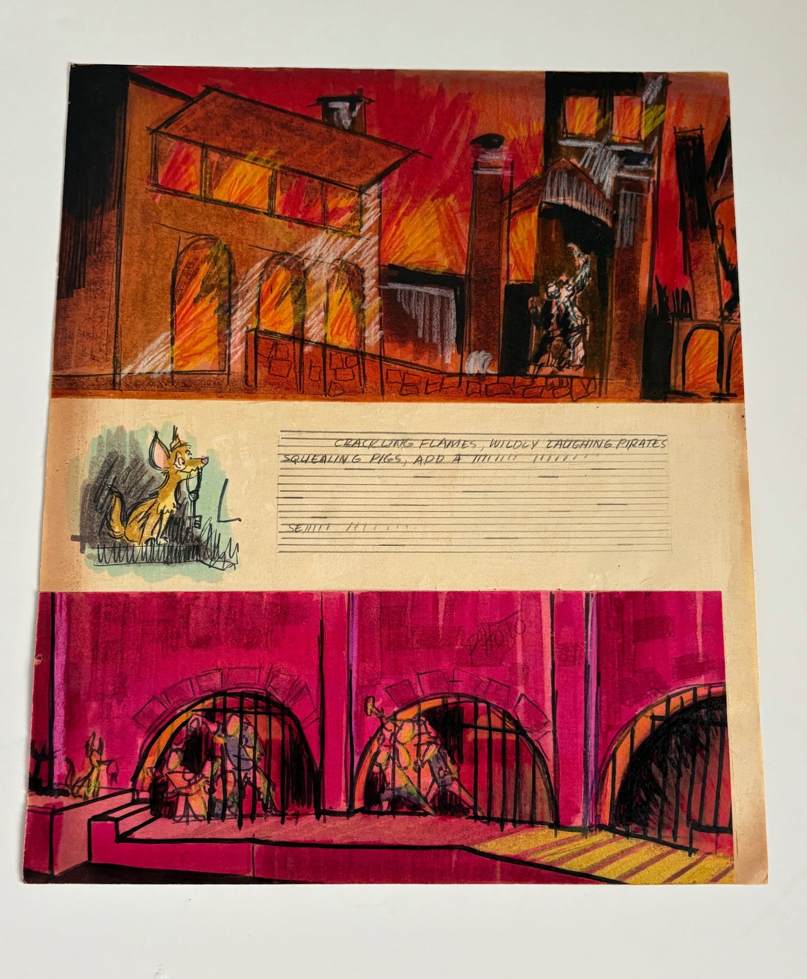 1967 Pirates of the Caribbean Original "Jail Scene" and "Burning City" Imagineering Artwork. (1 of 2)