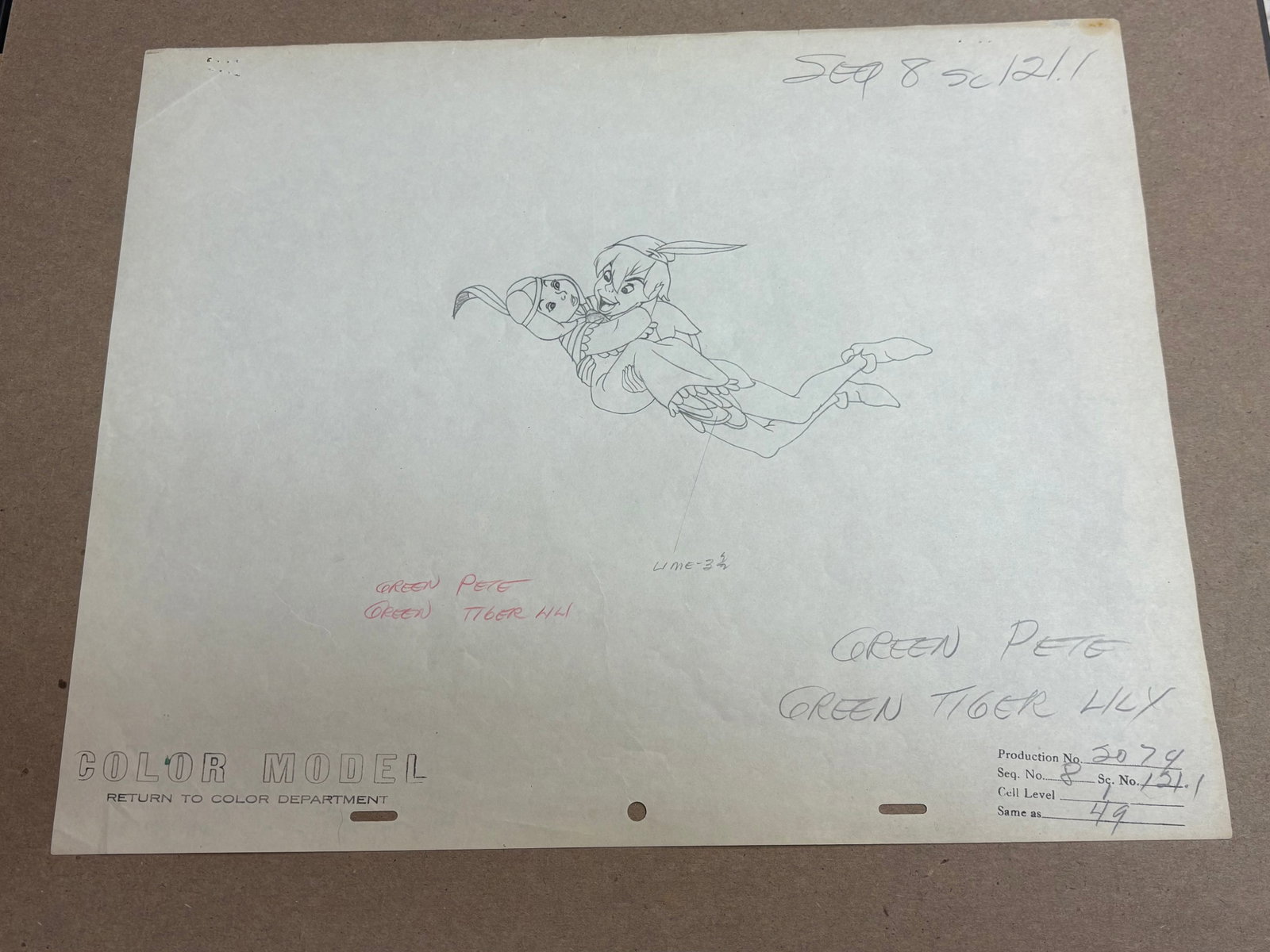 Peter Pan and Tiger Lily Production Drawing (Walt Disney, 1953).: “Peter,… what about Tiger Lily?” The boy who never grows up rescues his ally Tiger Lily from the clutches of Captain Hook in this animation production drawing from Walt Disney’s 1953 adapt