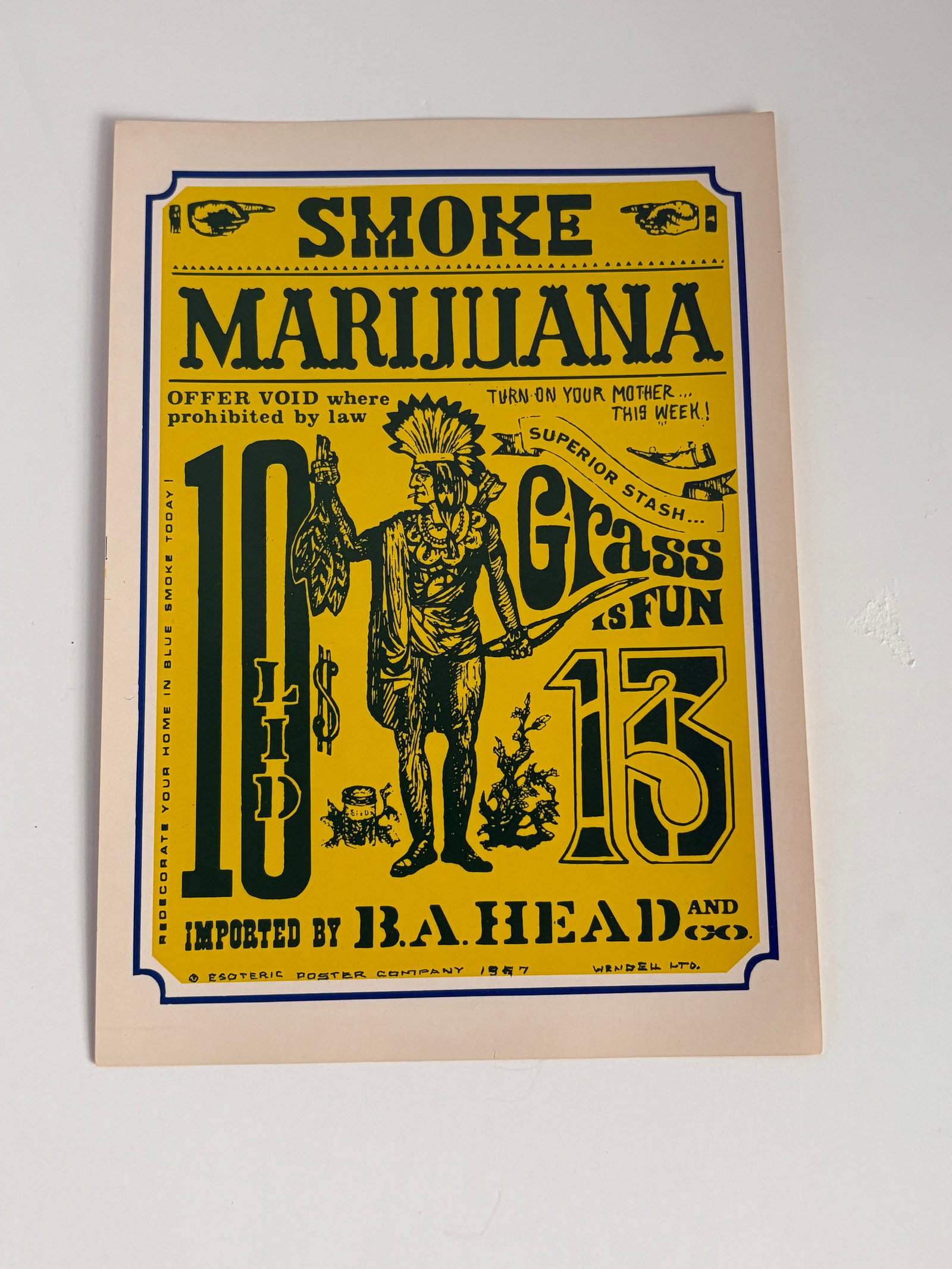 Rolly Crump Smoke Marijuana "Doper Poster" Handbill.: (Rolly Crump, 1967) "Redecorate your home in blue smoke today!" This is a very rare vintage 1967 "Smoke Marijuana" handbill sized poster designed by the late, beloved Walt Disney Imagineer and Disney 