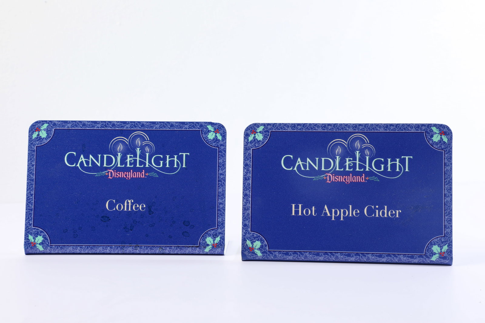 Disneyland Club 33 Candlelight Reception Food Plaques (2020s): "O Come, All Ye Faithful!" This pair of plaques embellished the table of a special reception hosted by Club 33 in honor of the Candlelight Ceremony and Processional at Disneyland! These decorative L-f