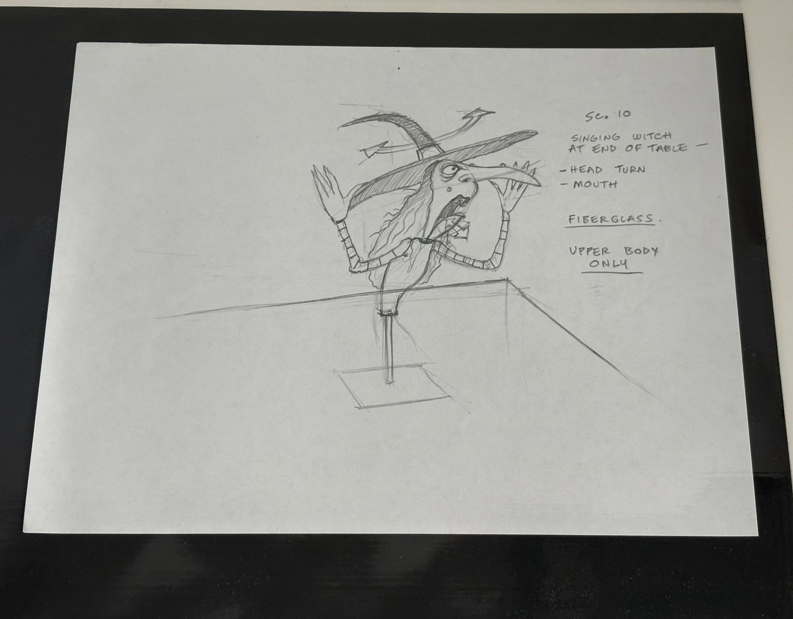 Haunted Mansion Holiday - Nightmare Before Christmas Ballroom Dining Table Witch Concept (2001): Sandy Claws has a special present for you - one filled with Christmas delight! A happy haunt “witch” materializes at the ballroom banquet, in this rare, original concept art drawing for the po