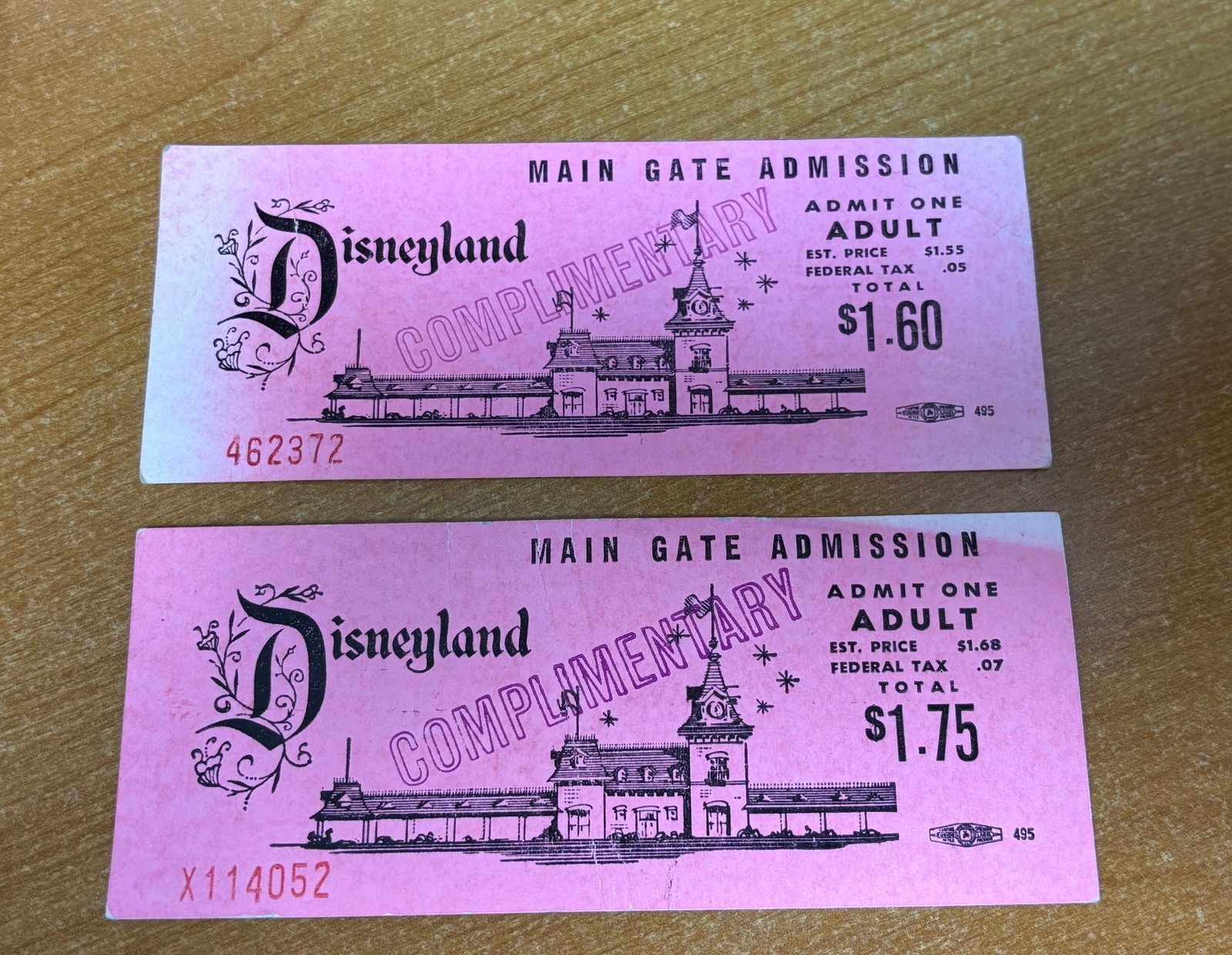 Pair of Disneyland Complimentary Main Gate Adult Admission Tickets (1960s): (Disneyland, 1960s) Proudly presented is a pair of (still valid) vintage Disneyland Main Gate Adult Admission Tickets! The purple ticked are stamped "Complimentary" in purple ink, bear face values of 