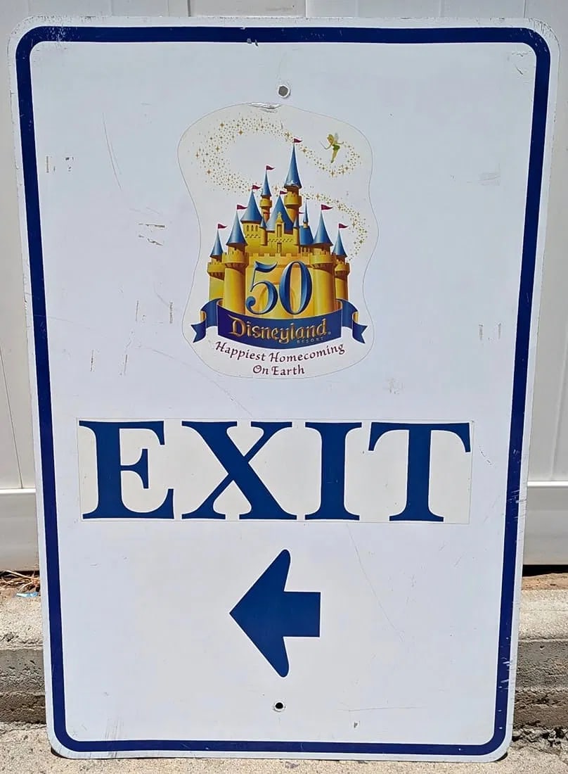Disneyland - 50th Anniversary “Exit” Sign (Walt Disney, 2005): This small sign directed guests toward the Exit, during the milestone 50th anniversary celebration of Disneyland Resort! Disneyland's 50th anniversary year was one to be remembered, boasting special d