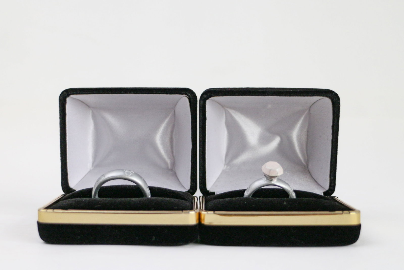 Pair of Disneyland “Fairytale Weddings” Ring Display Props (1991-2000s).: “Bring Your Fairy Tale To Life” with this elegant pair of Mickey Mouse Icon Band Ring display props, promoting Disney’s Fairy Tale Weddings at Disneyland!Disney’s Fairy Tale Weddings offer