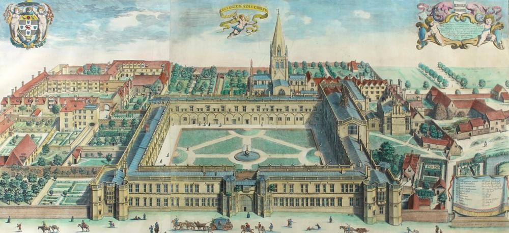 Oxoniae/Oxford.: Collegium Aedis Christi (gewidmet) Ioanni Fell. Kolor. Kupferstich v. David Loggan (1634-1692), b. Theatrum Sheldonianum, Oxford 1673. Ca. 38,5 x 81 cm. Unt. Passep. u. Glas gerahmt. - Tls. geglä