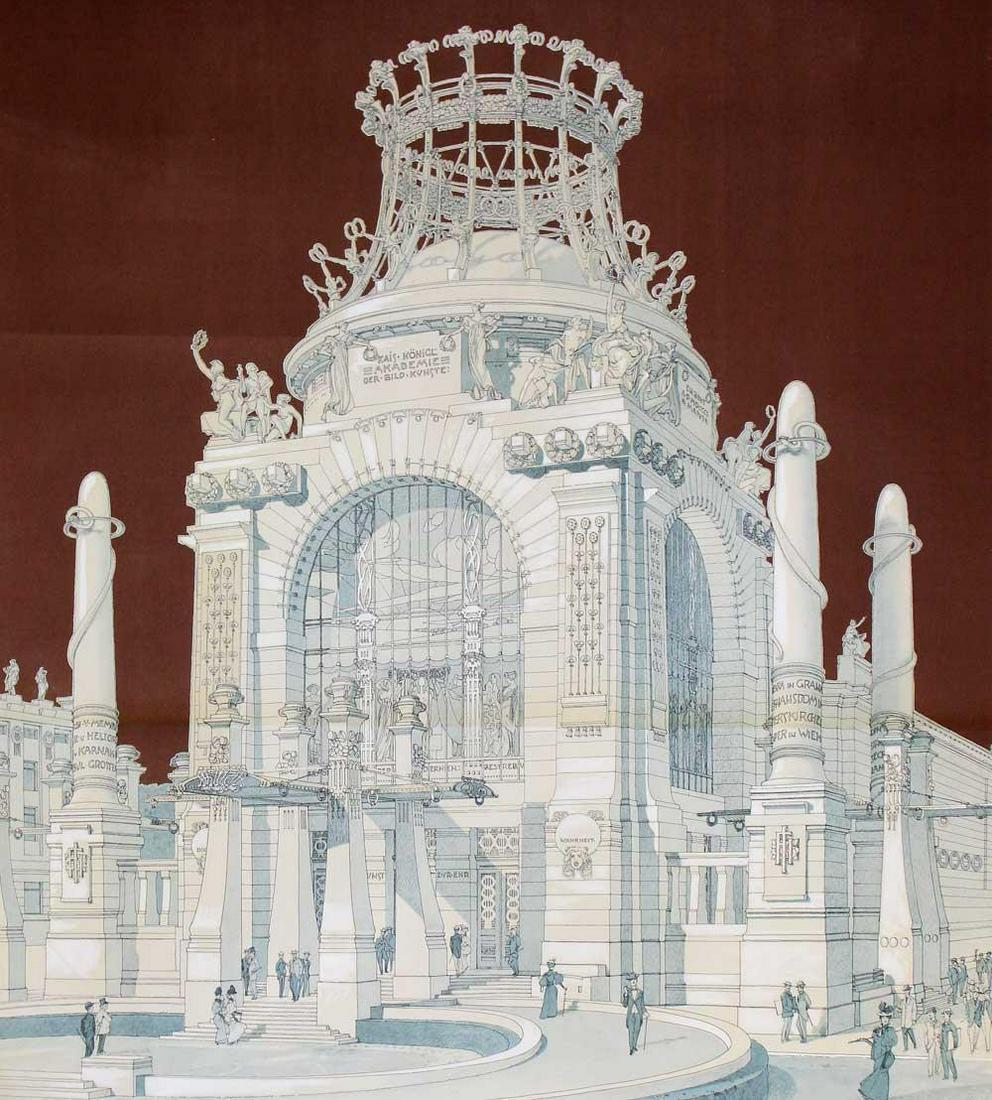 Otto Wagner.: Das Werk des Architekten (1841-1918). Farb. Plakat n. Hermann Kosel (1896-1983) für das Histor. Museum bei Steyrermühl, Wien 1963. Din A0. Gefaltet.