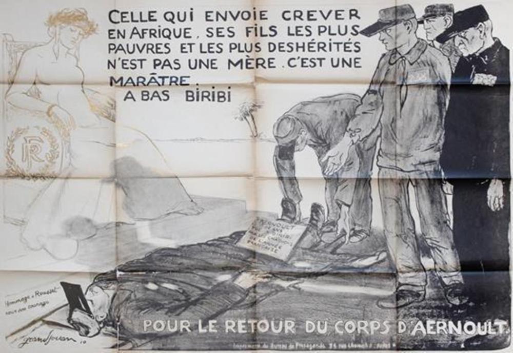 Grandjouan, Jules: (1875 Nantes 1968). Pour le retour du corps d'Aernoult. Farblithographie auf dünnem Papier bei Imprimerie du Bureau de Propaganda, Paris 1910. 111,5 x 75,5 cm. Mit dem Namenszug, Datum u. "Hommag