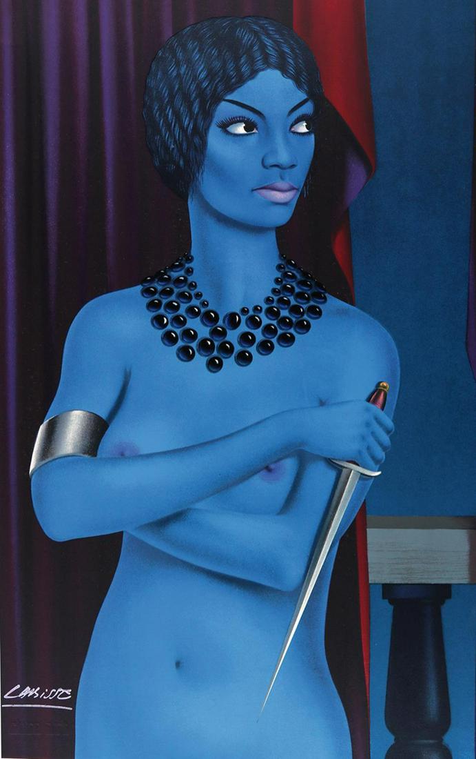 Labisse, Félix: (1905 Douai - Paris 1982). Lucretia als nackte Nubierin in Blau, mit Perlencollier und Dolch. Farblithogr. wohl bei Mourlot, ca. 1972. 64,5 x 42 bzw. 49,8 cm. Mit dem Signaturst. des Künstlers u.