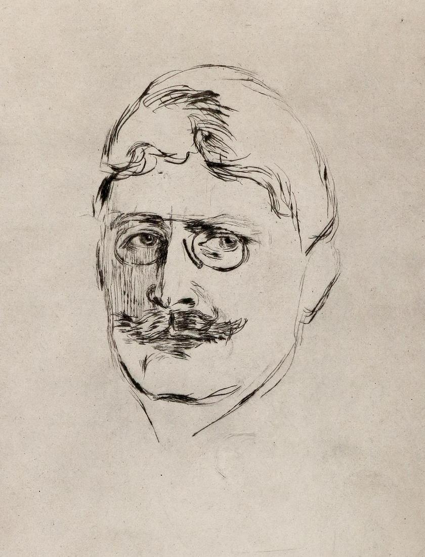 Munch, Edvard: (1863 Loeiten - Ekeley b. Oslo 1944). Knut Hamsun. Frontalbildnis mit Zwicker. Heliogravure nach der Kaltnadelradierung von Edvard Munch. Auf Van gelder-Bütten mit der Adresse der Zeitschrift "Pa