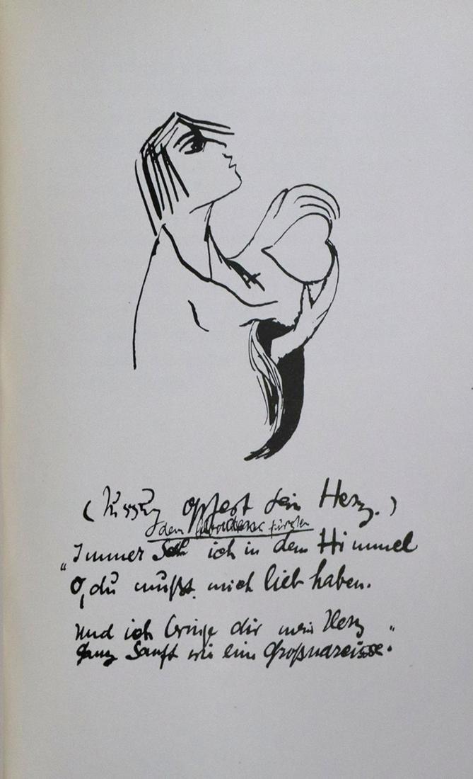Lasker-Schüler,E.: Der Prinz von Theben. Ein Geschichtenbuch. Lpz., Vlg. der weißen Bücher 1914. Mit 25 Abb. a. 24 Taf. sowie 2 (v.3) pochoirkolor. Taf. nach Zeichnungen von Franz Marc. 98 S., 1 Bl. Opbd. (St&